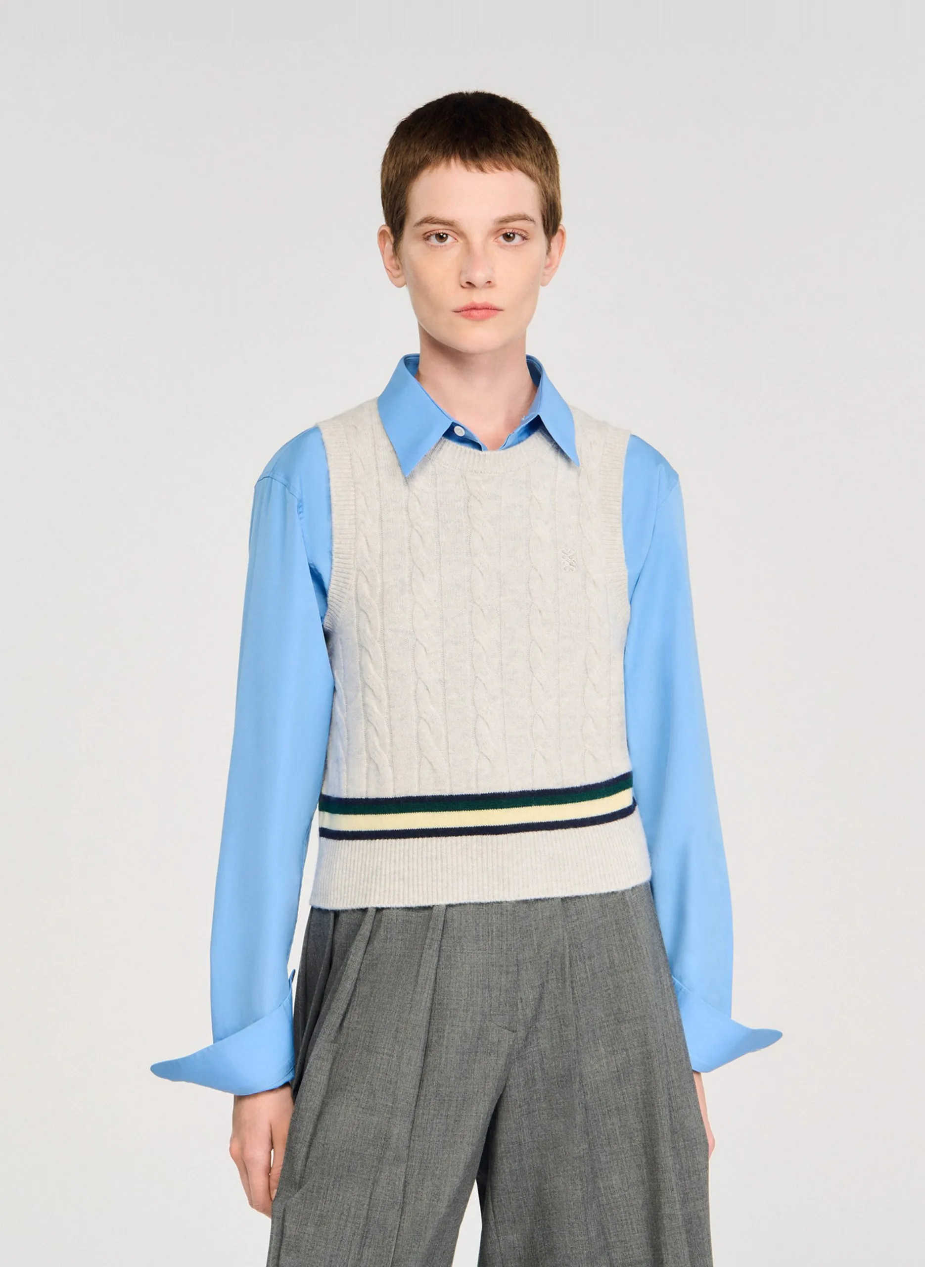 Top col rond en laine et en cachemire mélangés Gris