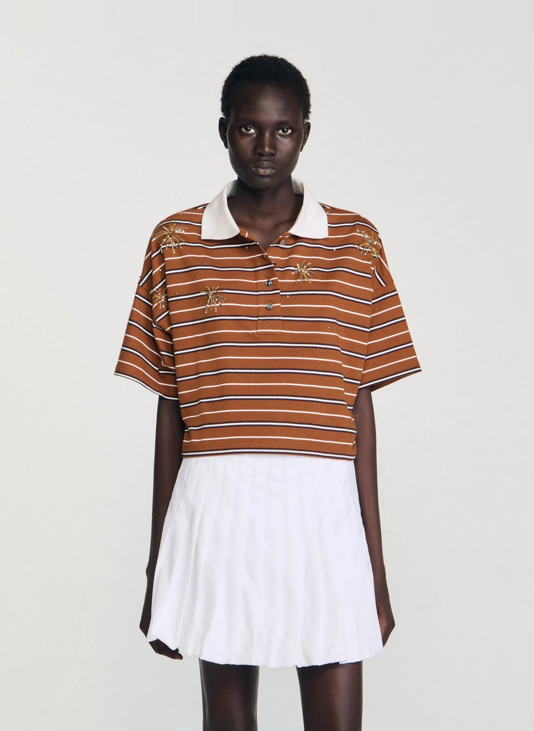 Tee-shirt rayé en coton col classique Marron