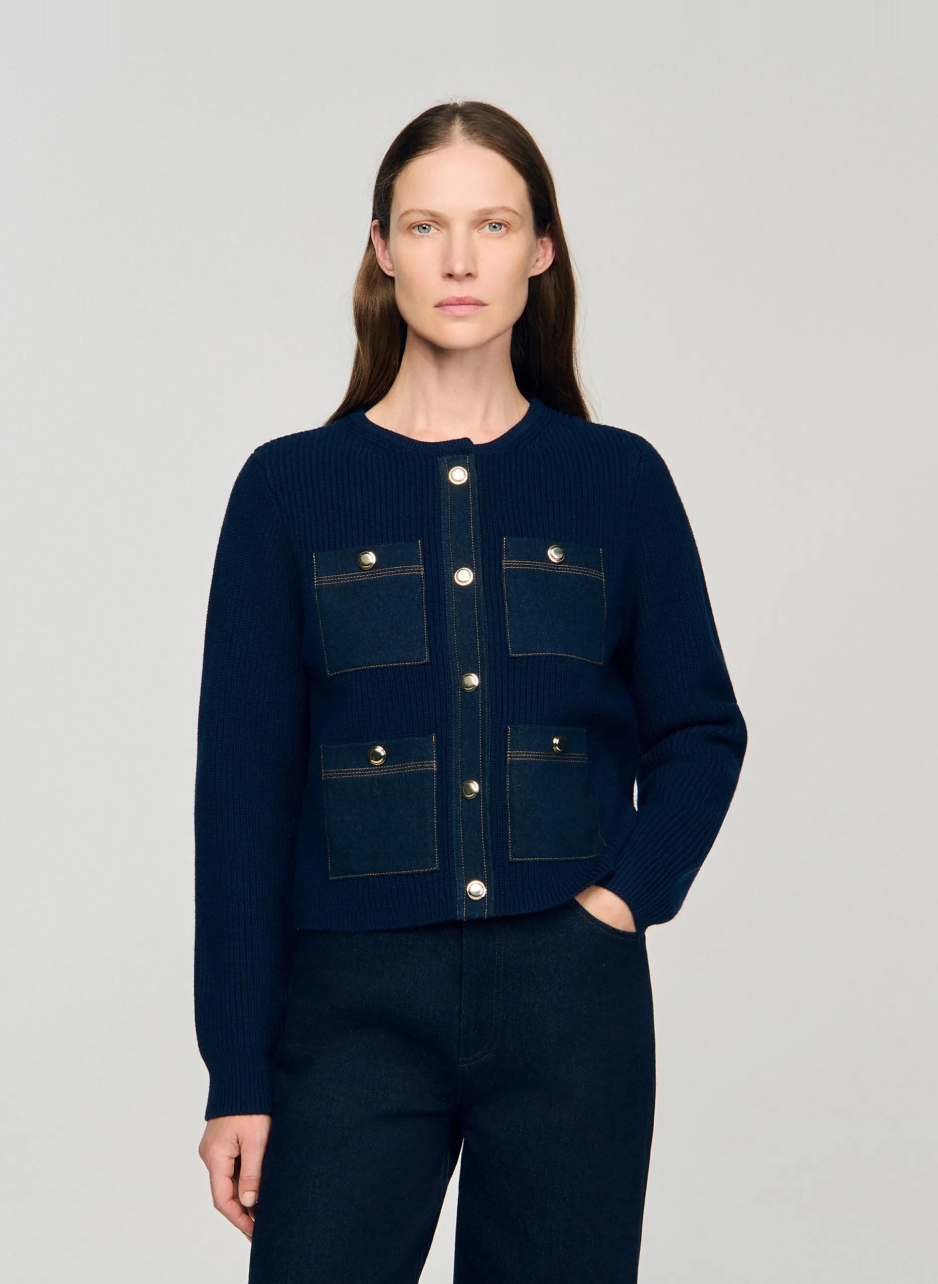 Cardigan uni à poches en laine Bleu