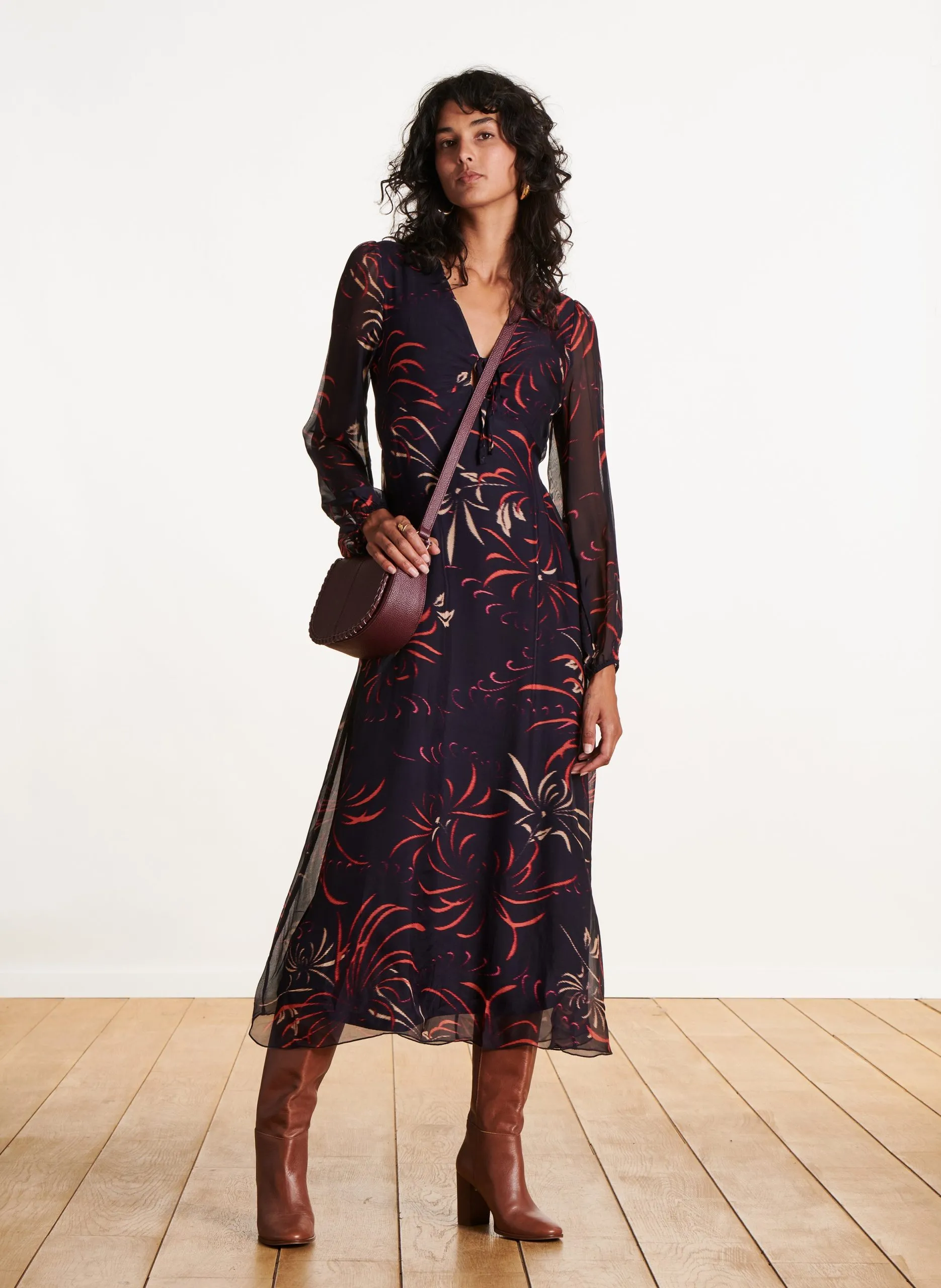 Robe longue col v imprimée Bleu