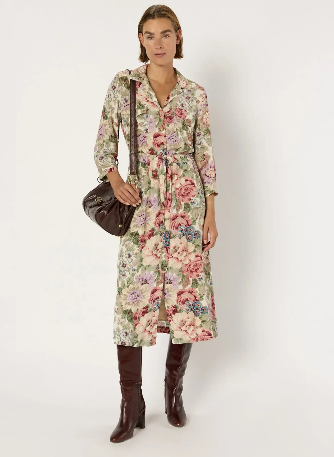 Robe midi col classique à imprimé floral Beige LIAN