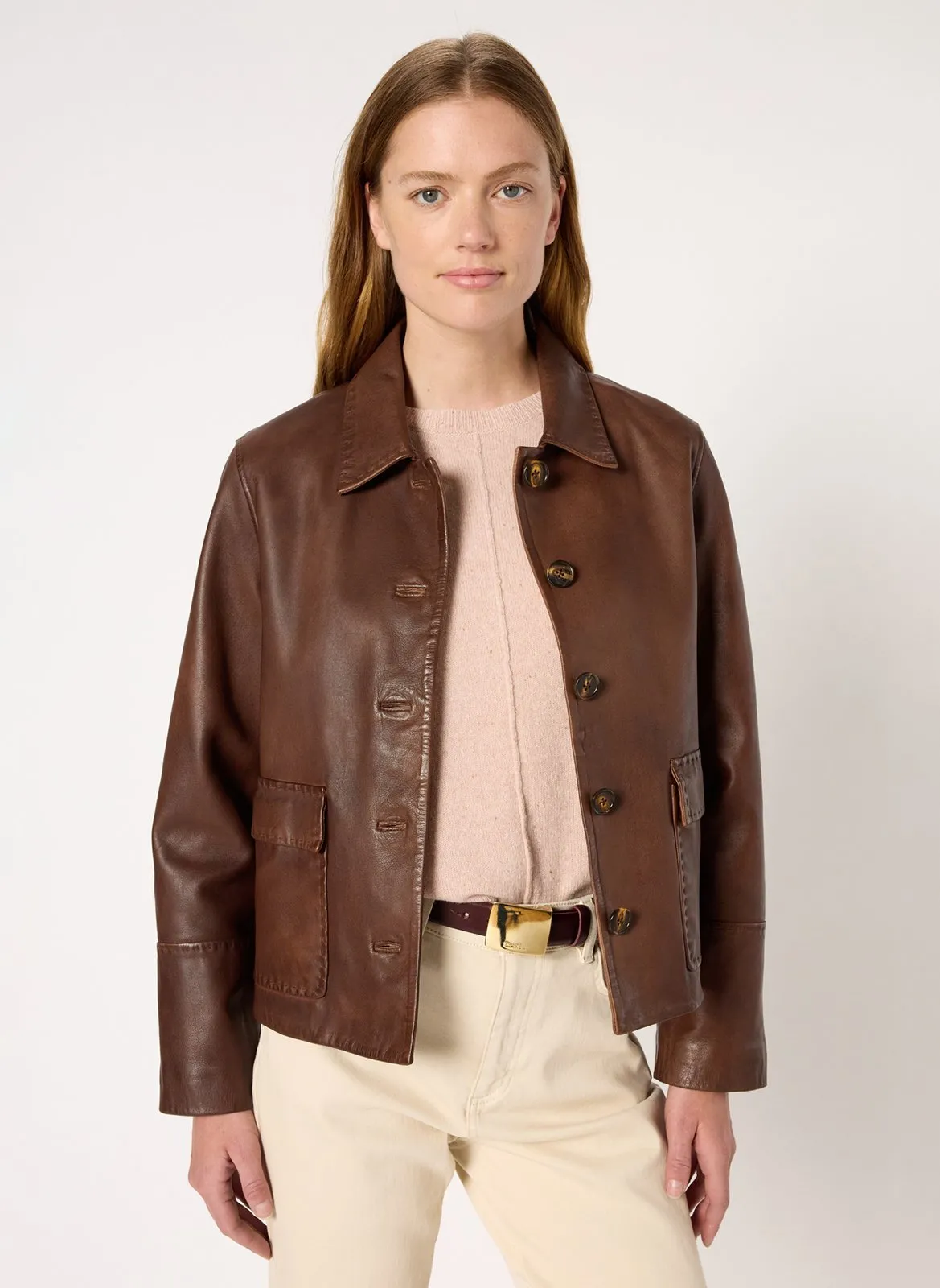 Veste col classique en cuir Marron NAIMA
