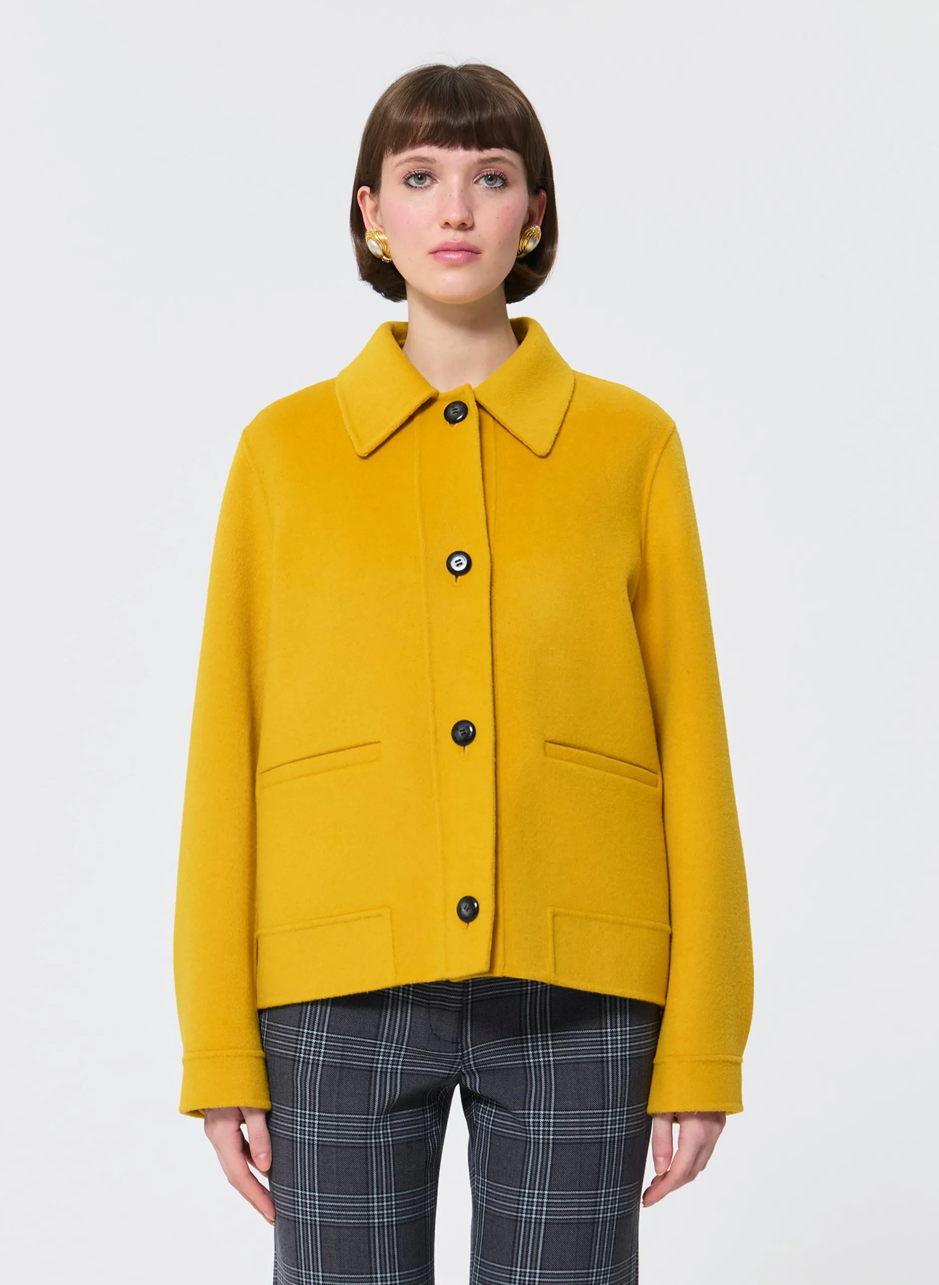 Manteau droit boutonné uni en laine mélangée Jaune BEN