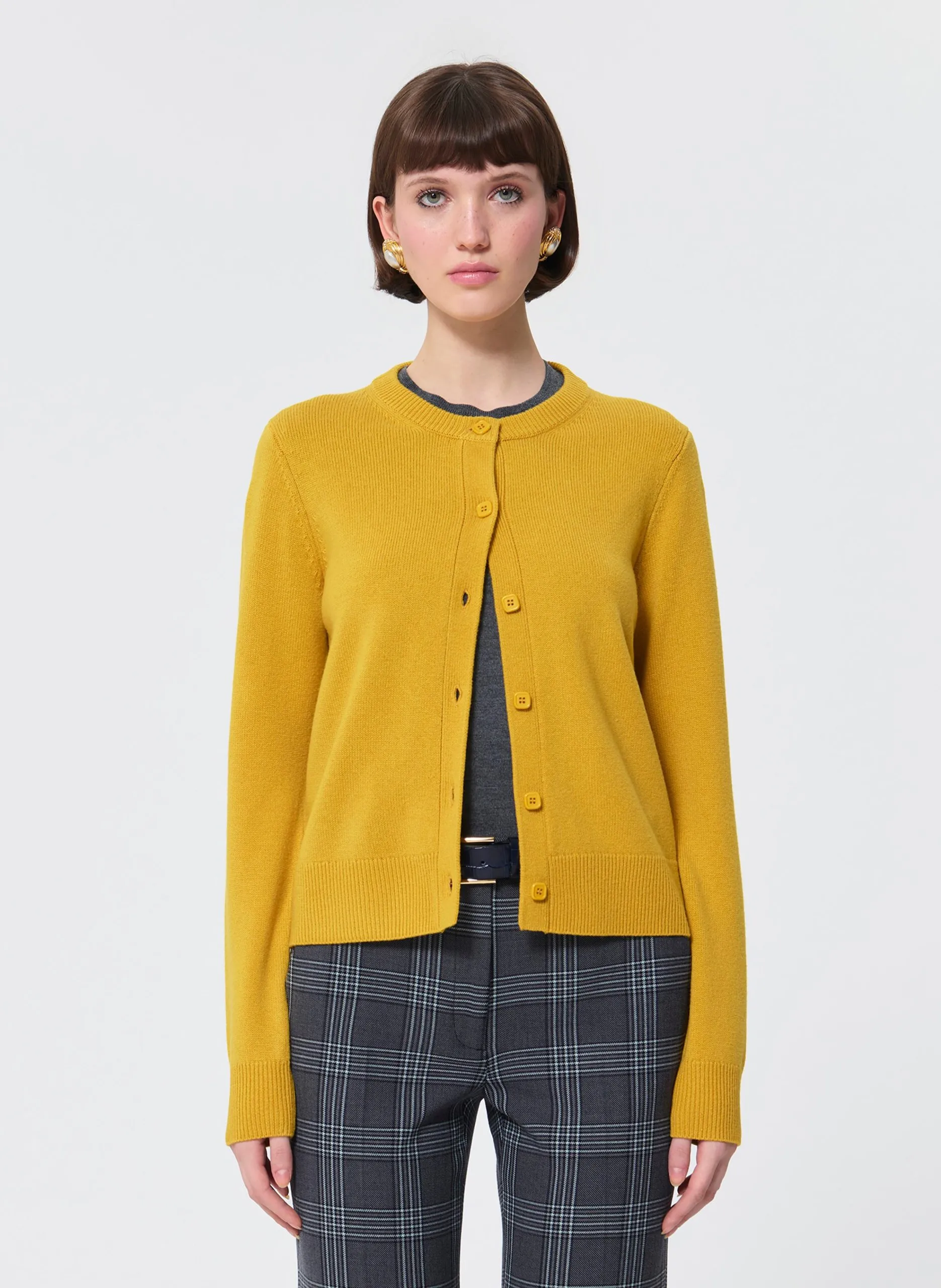 Cardigan droit uni boutonné en laine mélangée Jaune GUIDO