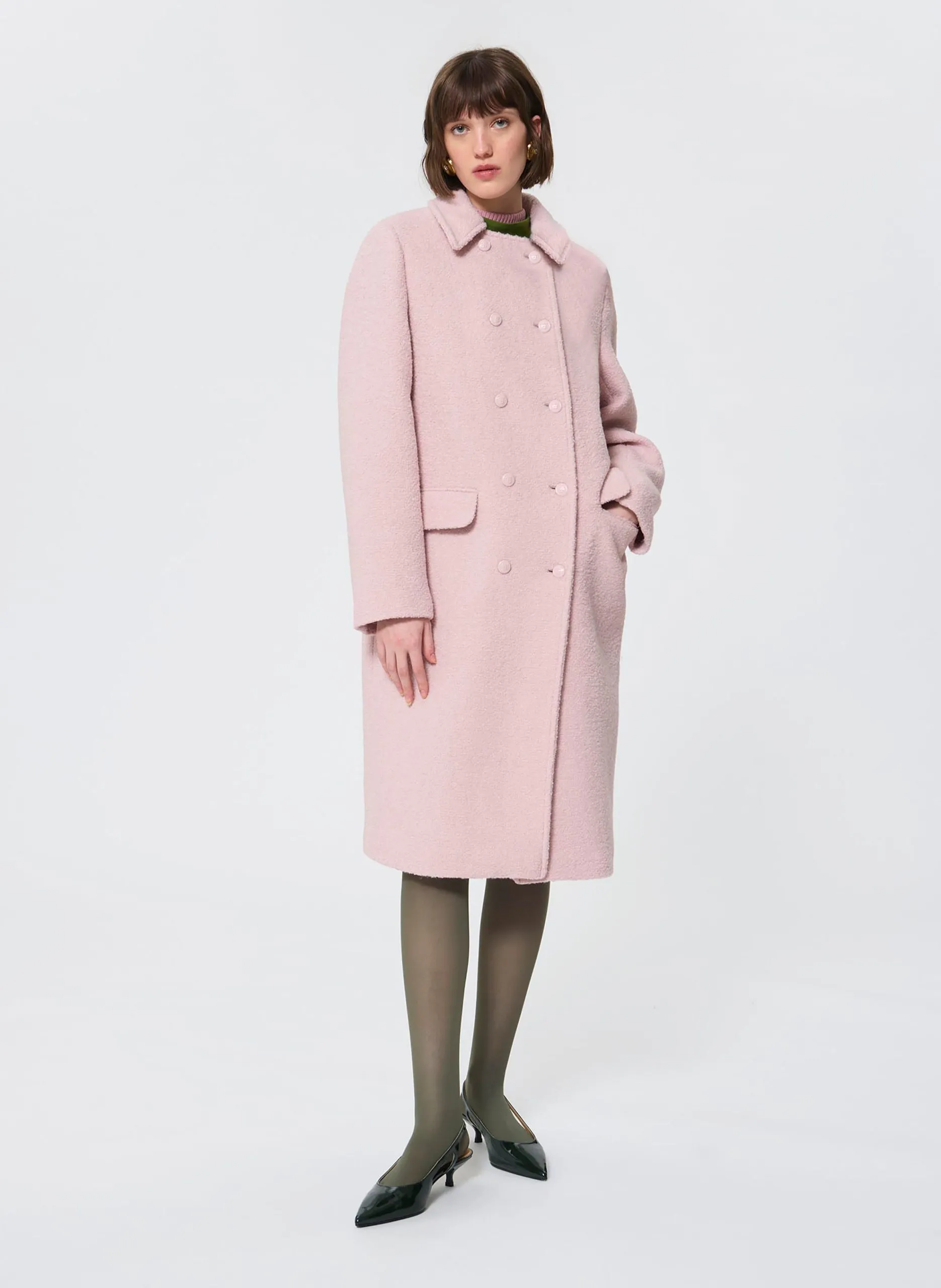 Long manteau col classique en laine mélangée Rose MARGUERITE