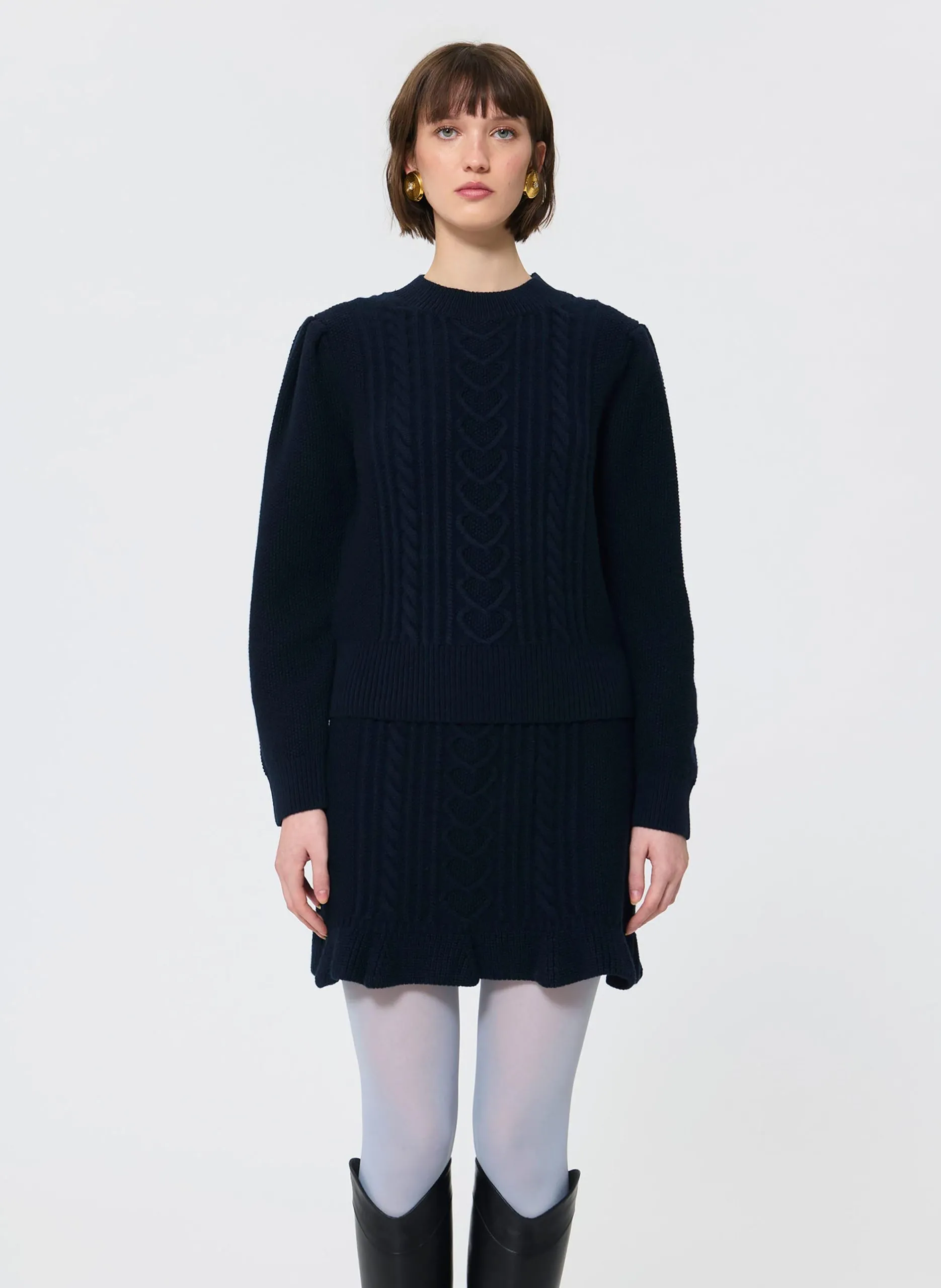 Pull uni tressé en laine mélangée Bleu PONGO