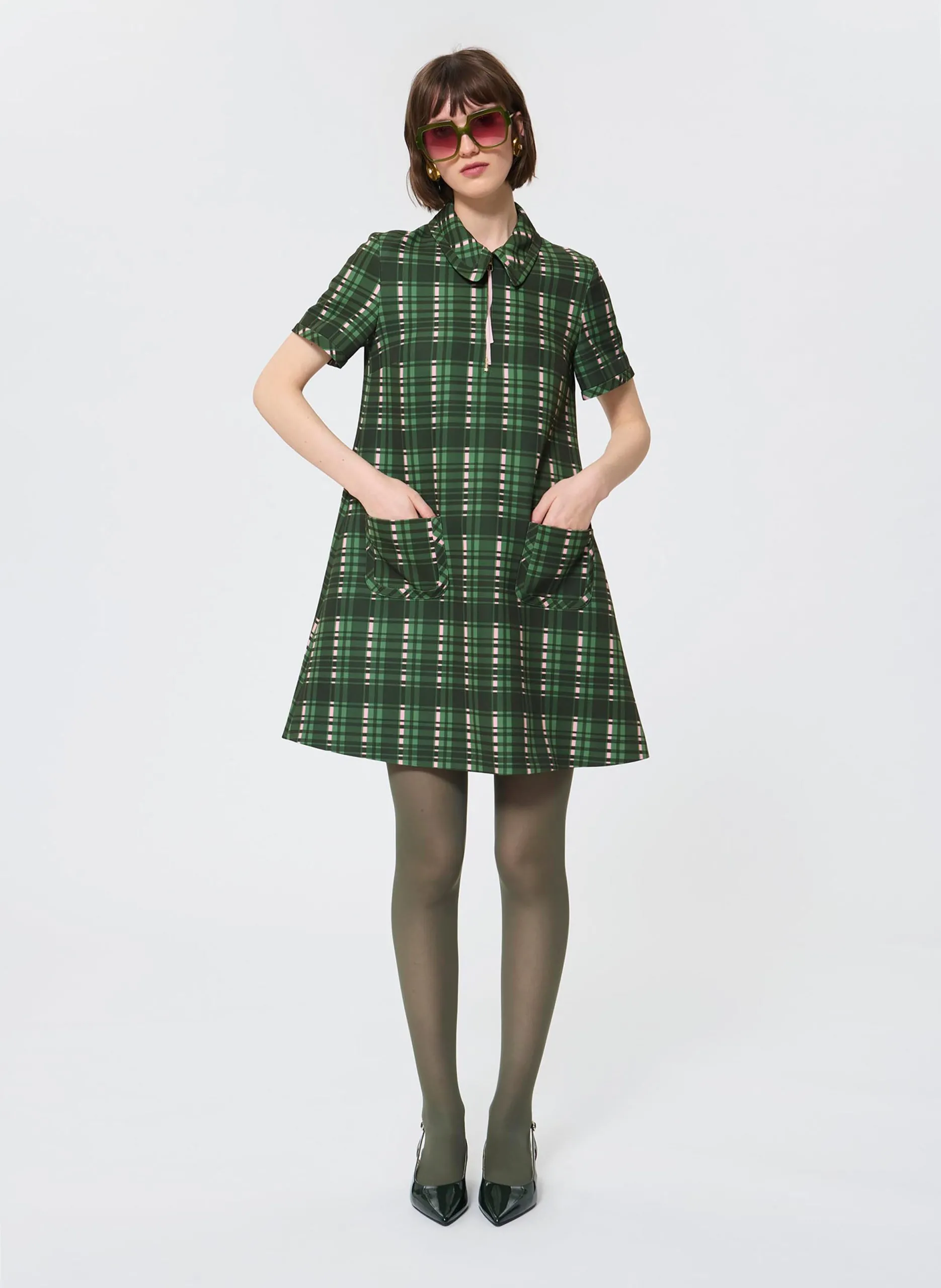 Robe courte trapèze à carreaux Vert RUBINA