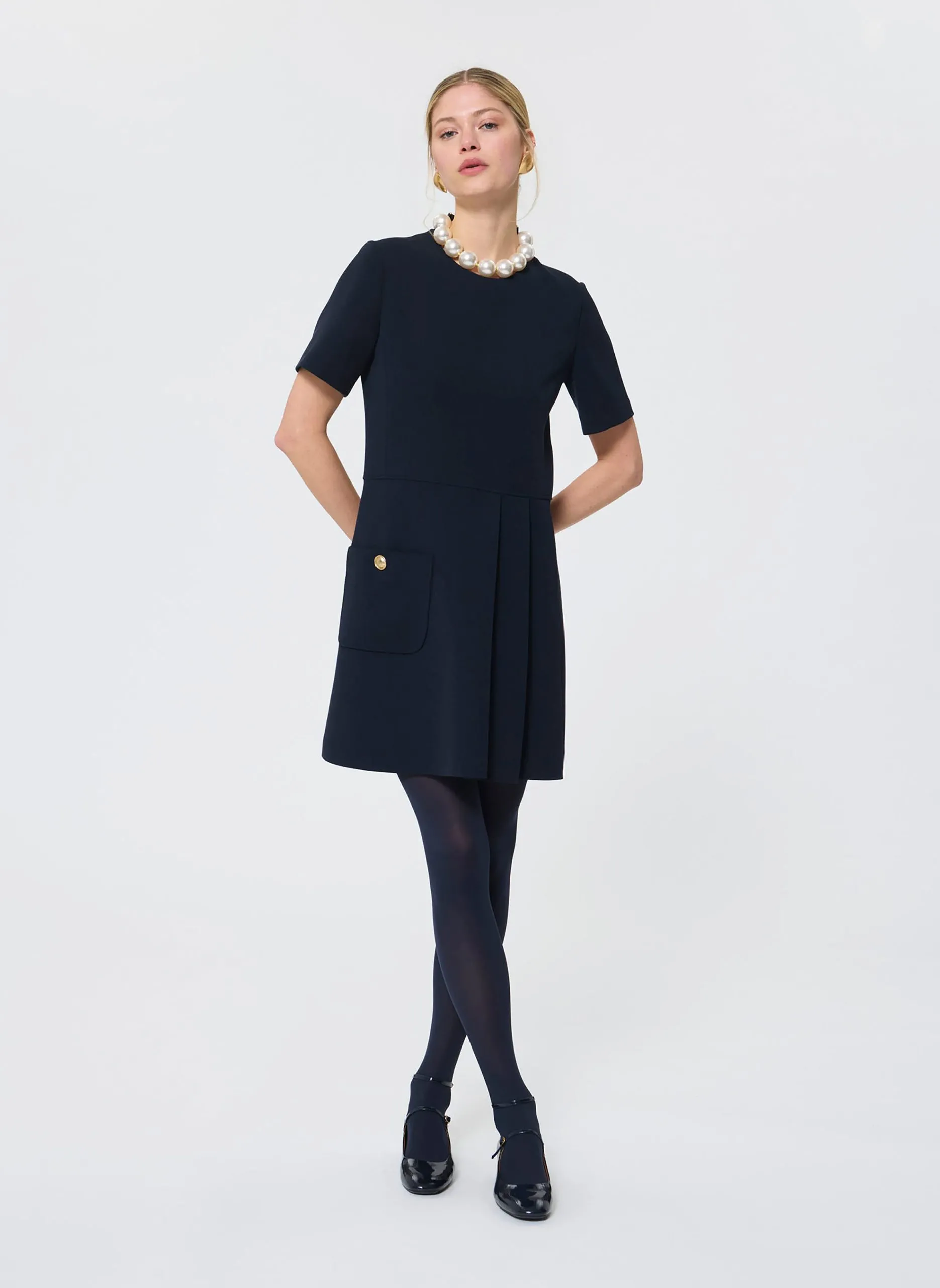 Robe courte col rond plissée unie Bleu ROSELLA