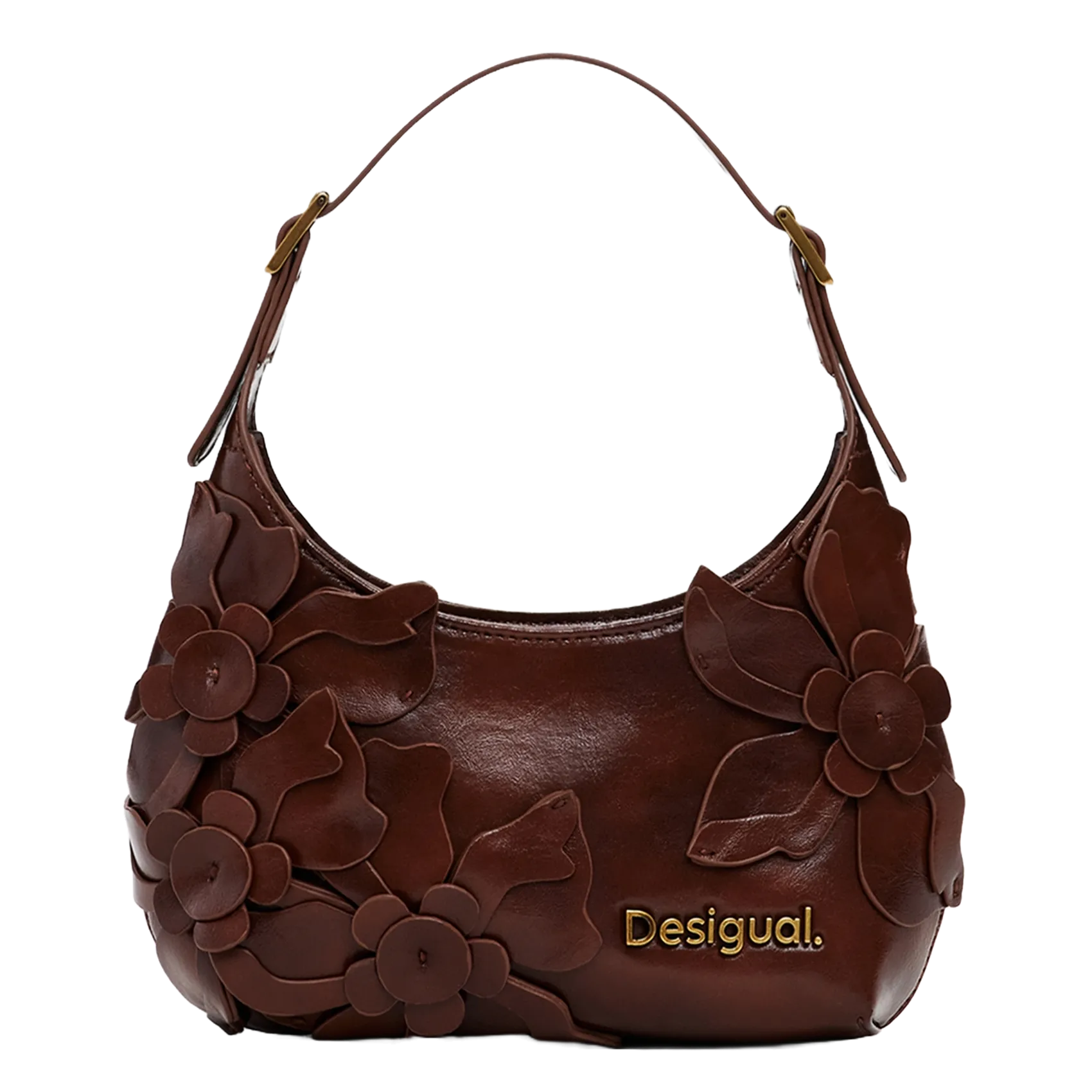 Sac épaule effet cuir à fleurs Marron