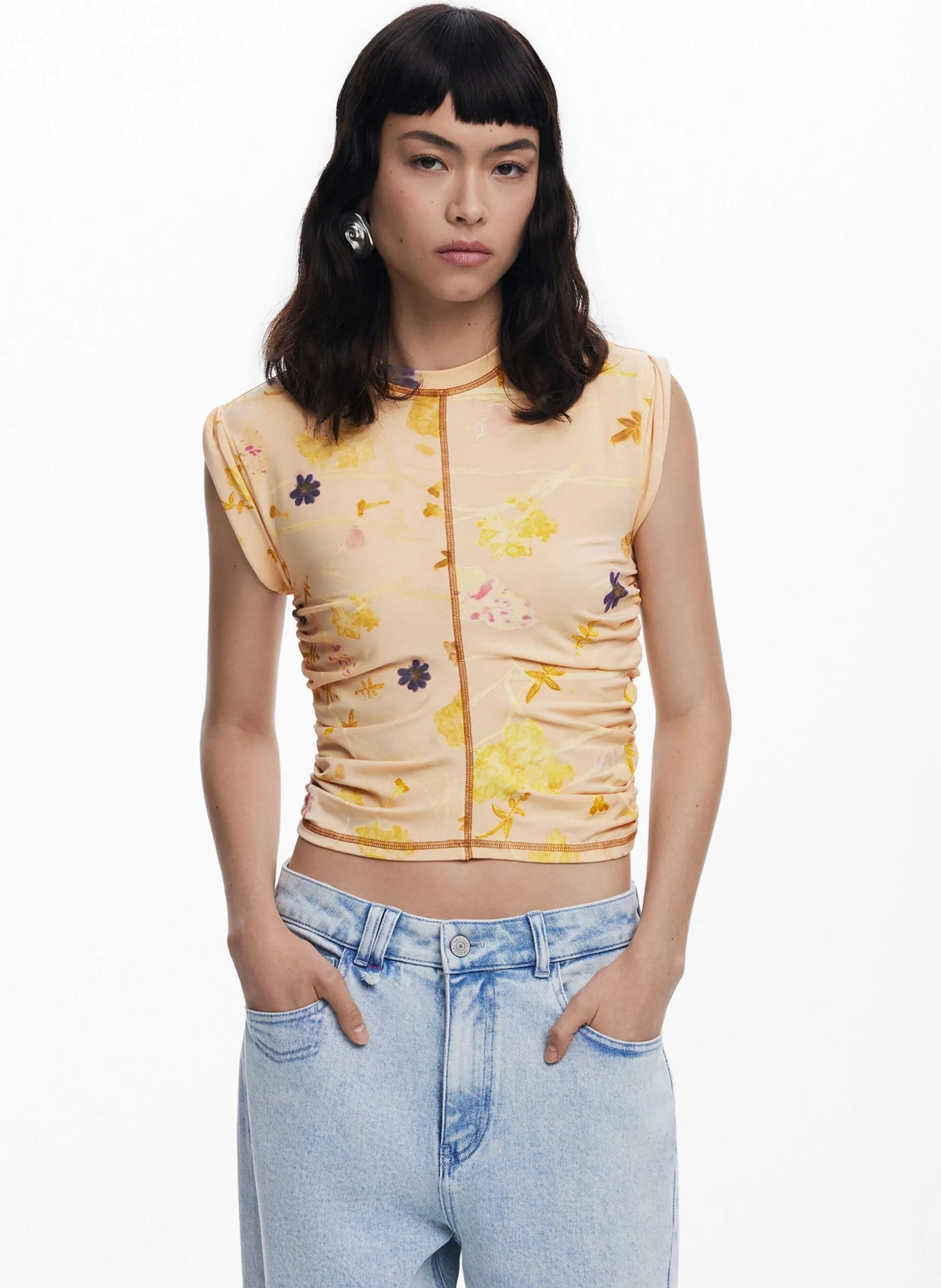 Top sans manches froncé à motifs Blanc