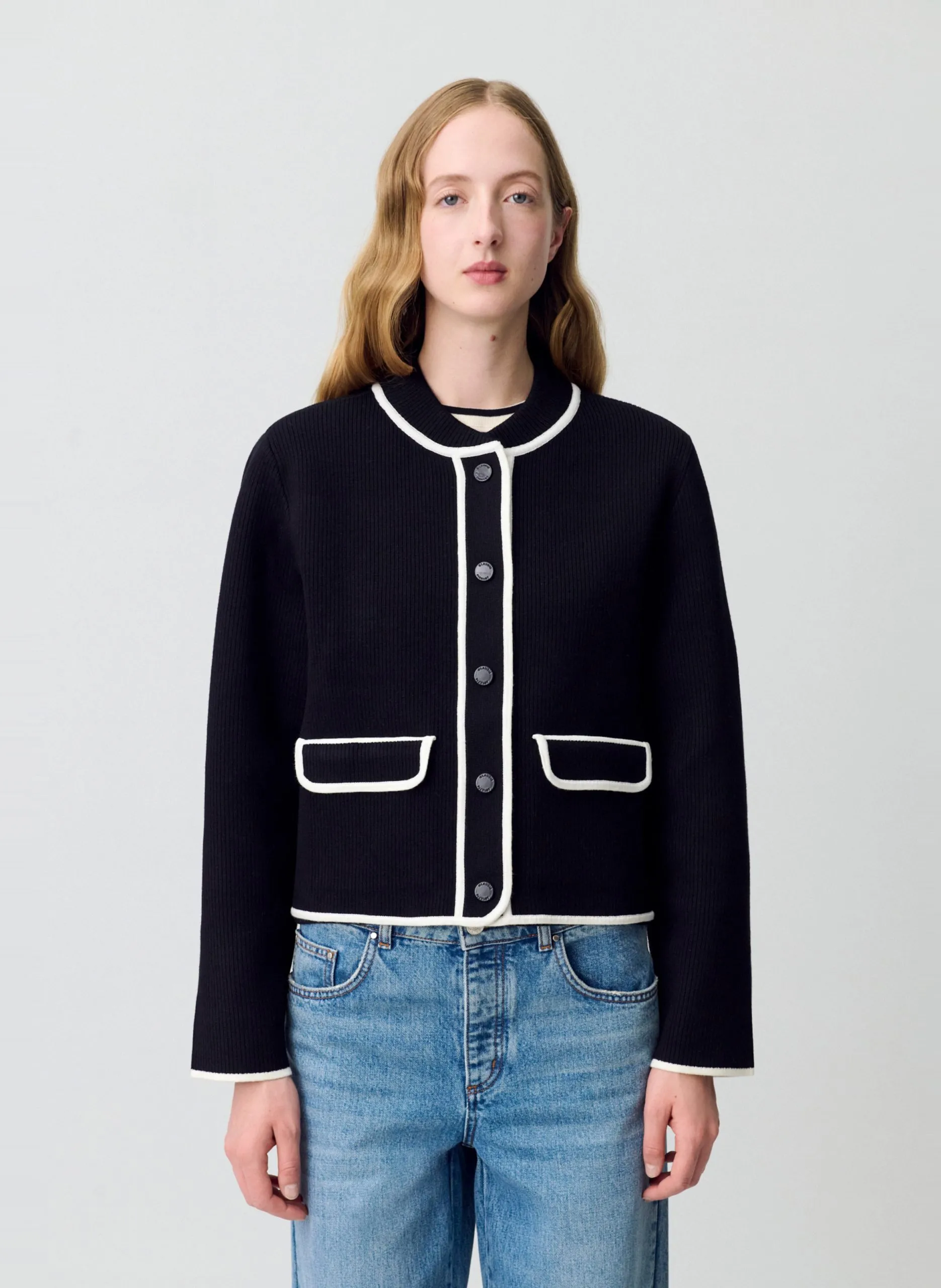 Cardigan col teddy bicolore Noir