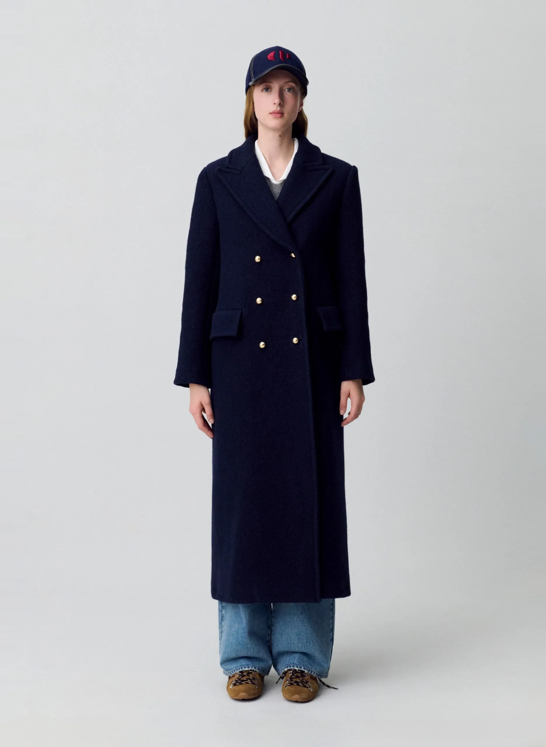 Manteau mi-long droit uni en laine Bleu GINGER