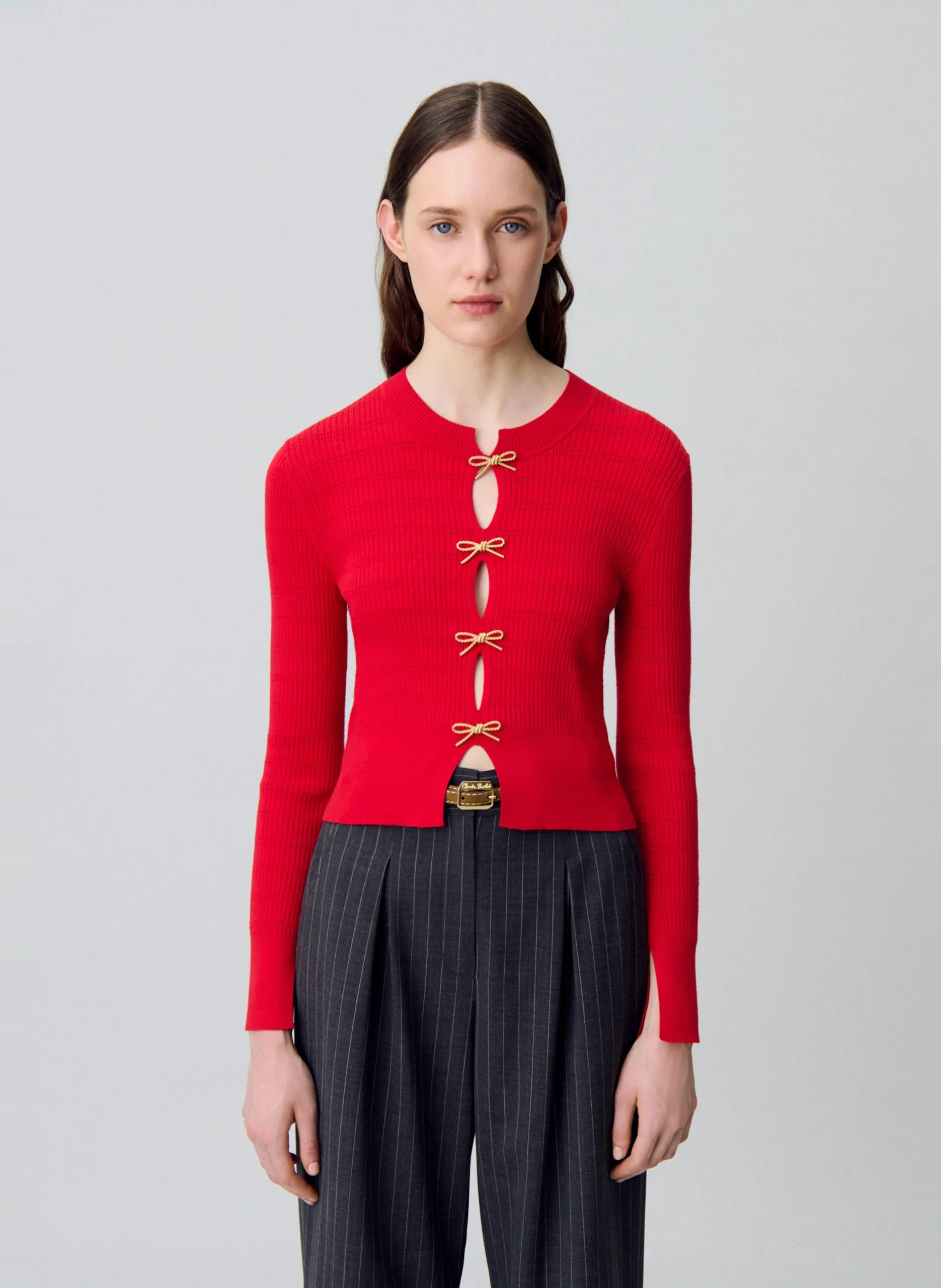 Pull ajusté à détails ajourés et nœuds Rouge MANIVELLE