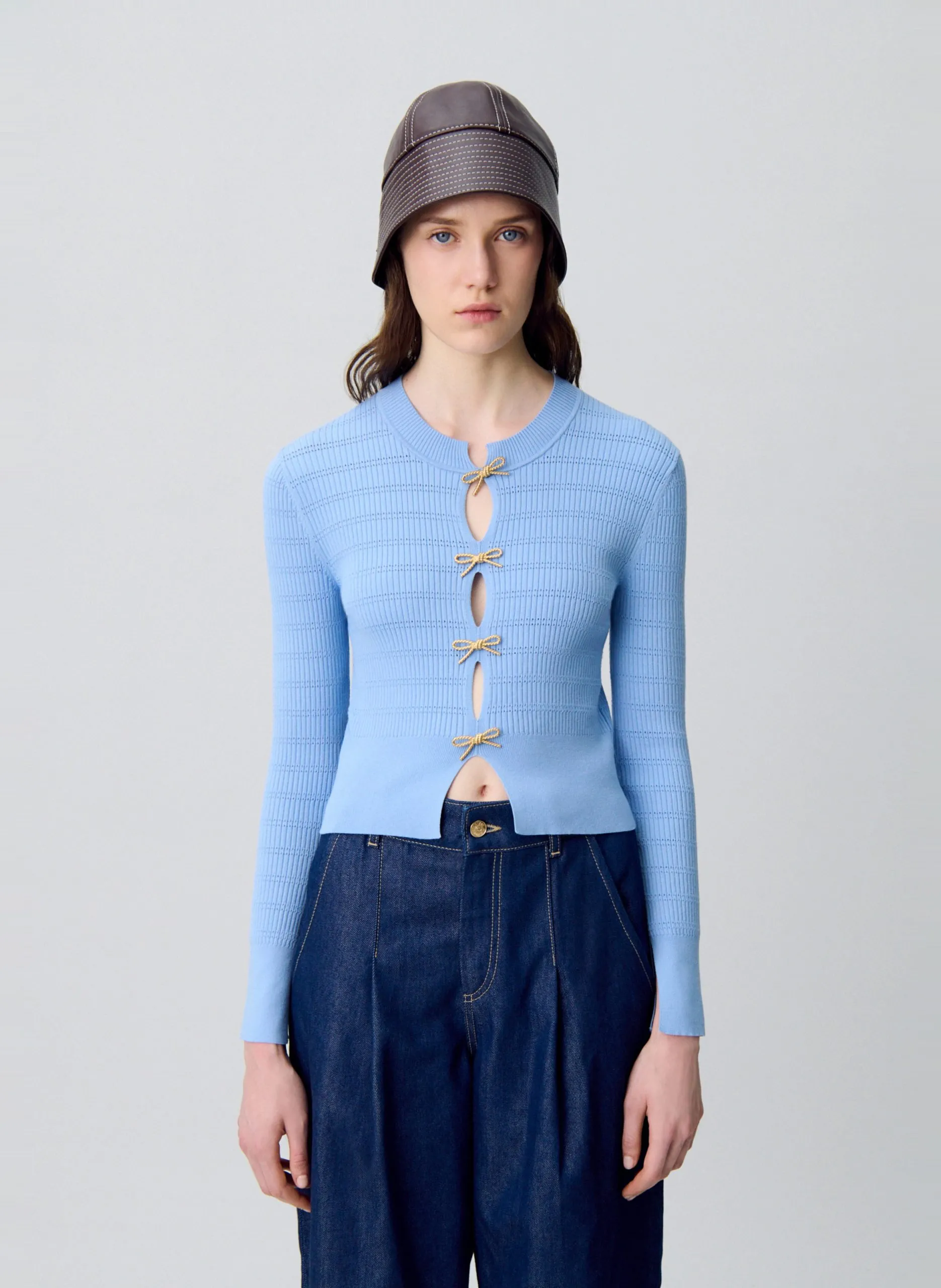 Pull ajusté à détails ajourés et nœuds Bleu MANIVELLE