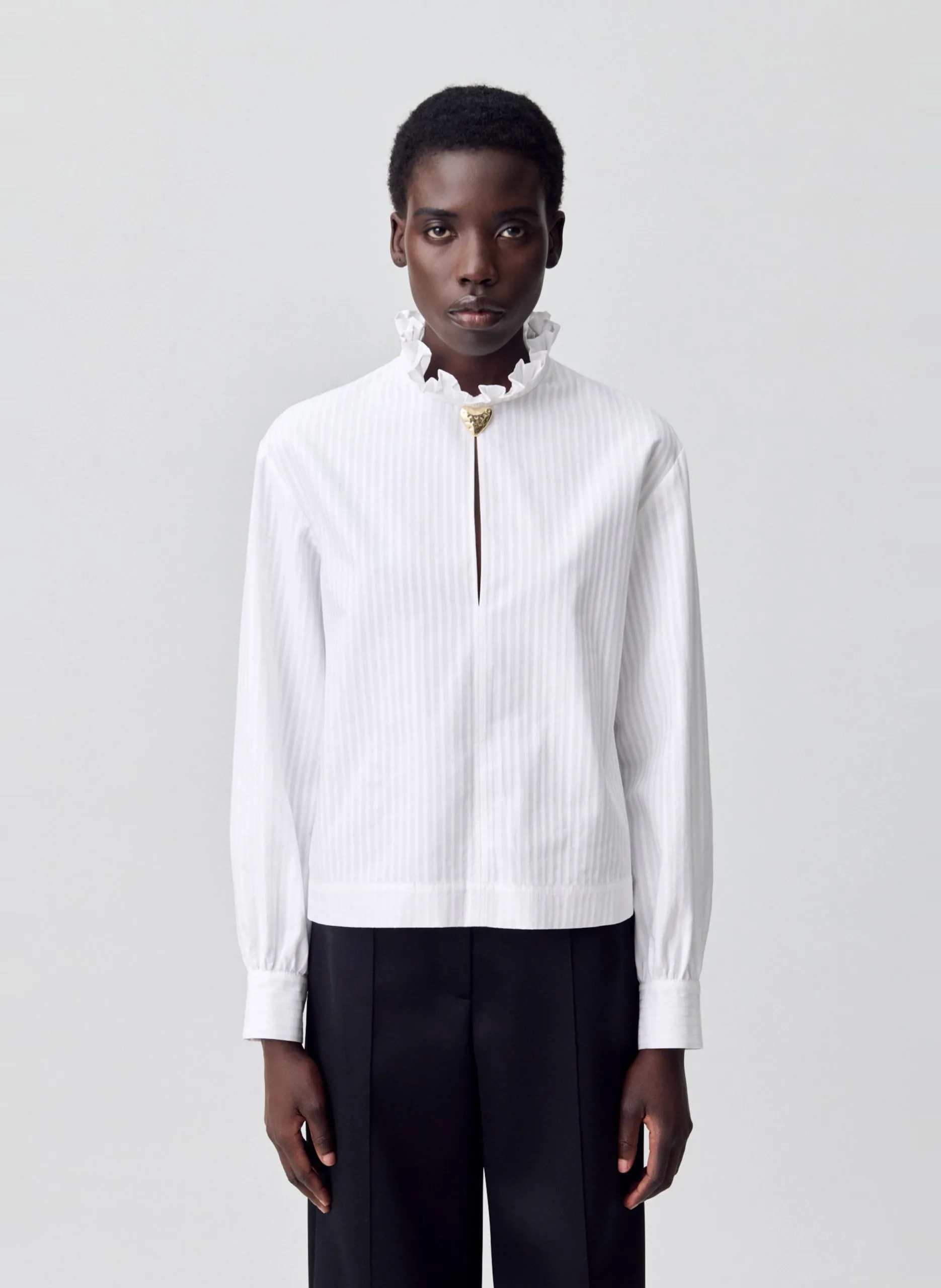 Blouse droite col victorien rayée en coton Blanc BAYA