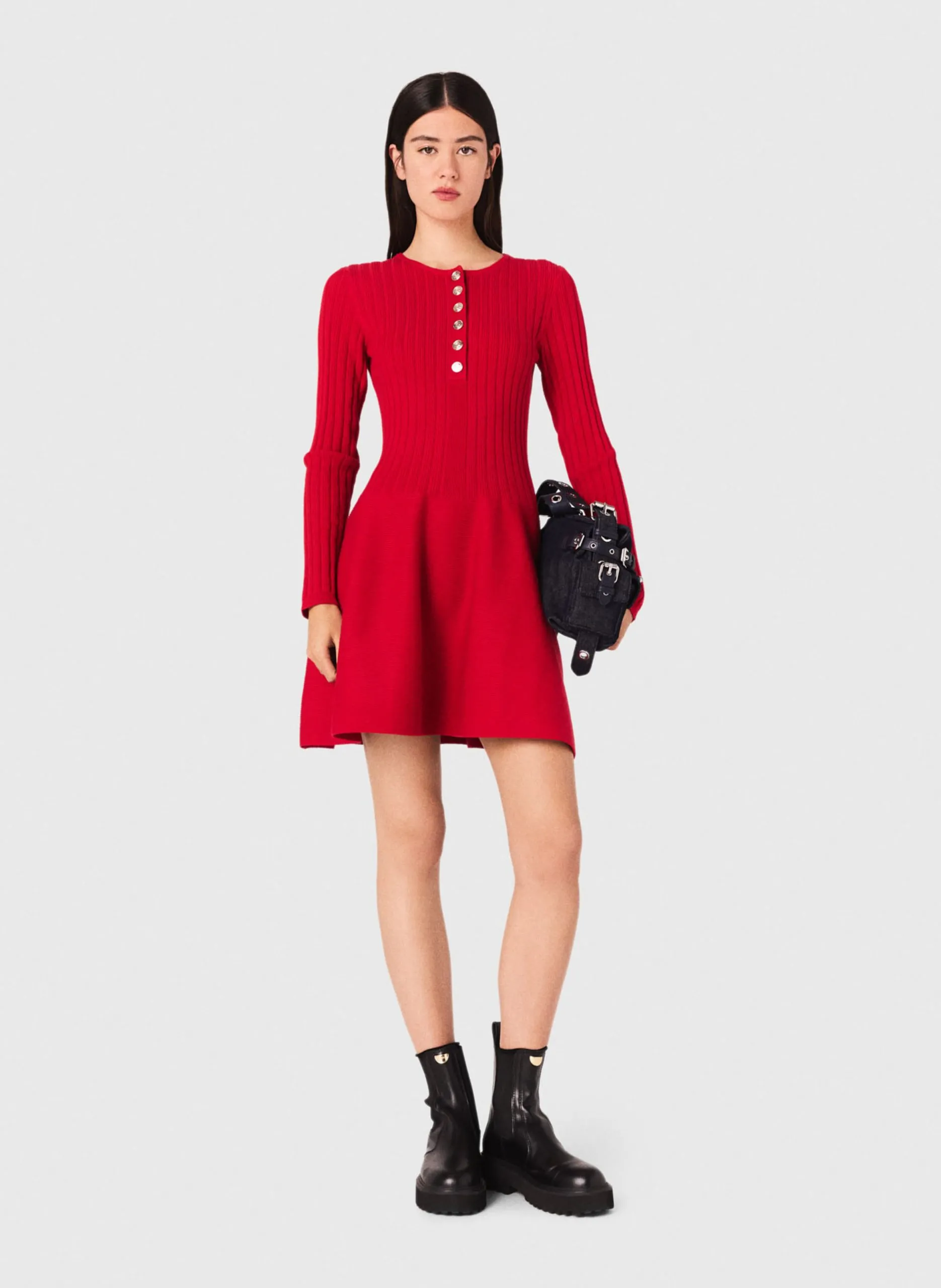 Robe courte boutonnée à col rond Rouge