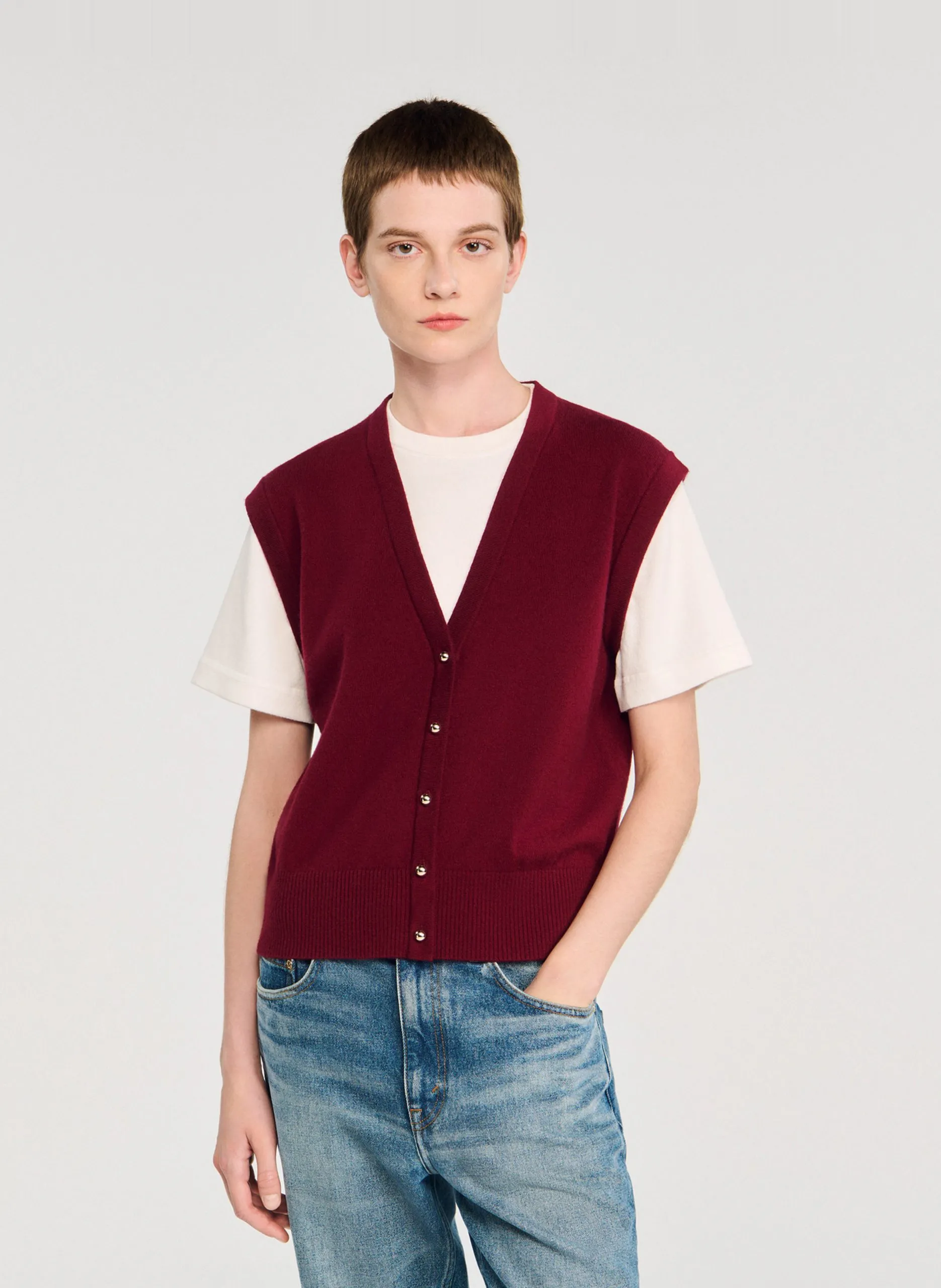 Pull bicolore court en laine mélangée Rouge