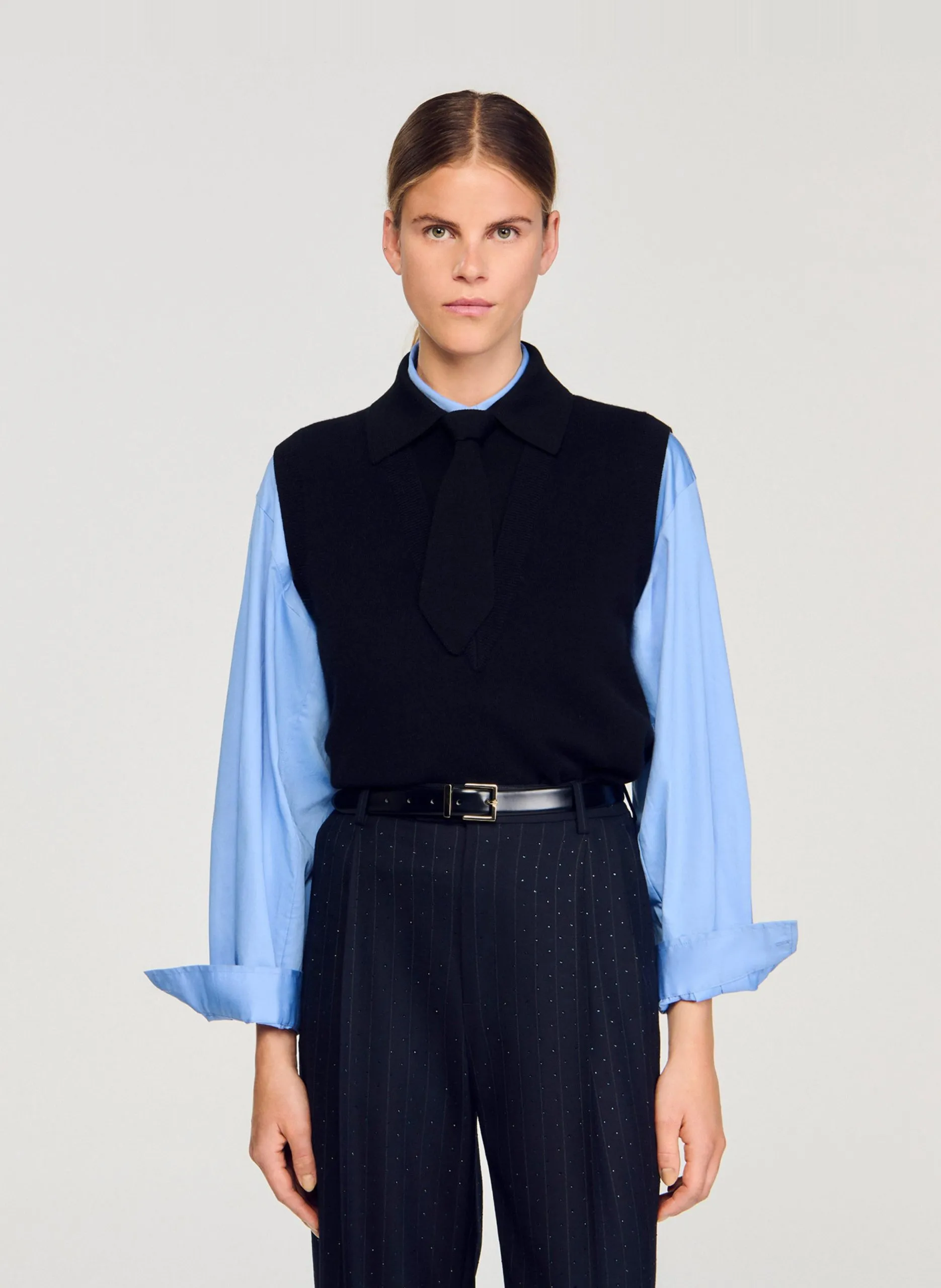 Pull col classique en laine mélangée Noir