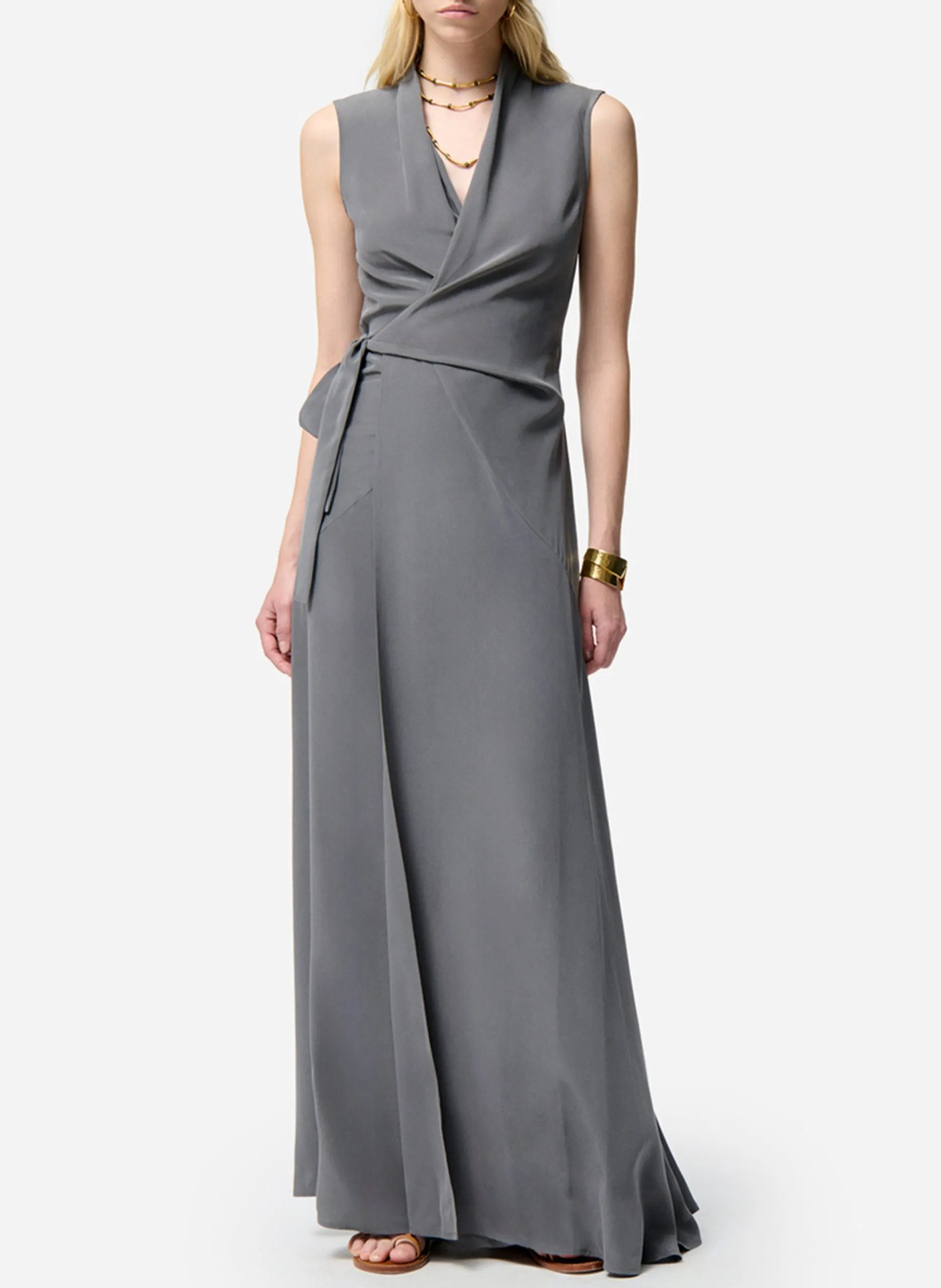 Robe longue portefeuille sans manches en soie Gris FAYE
