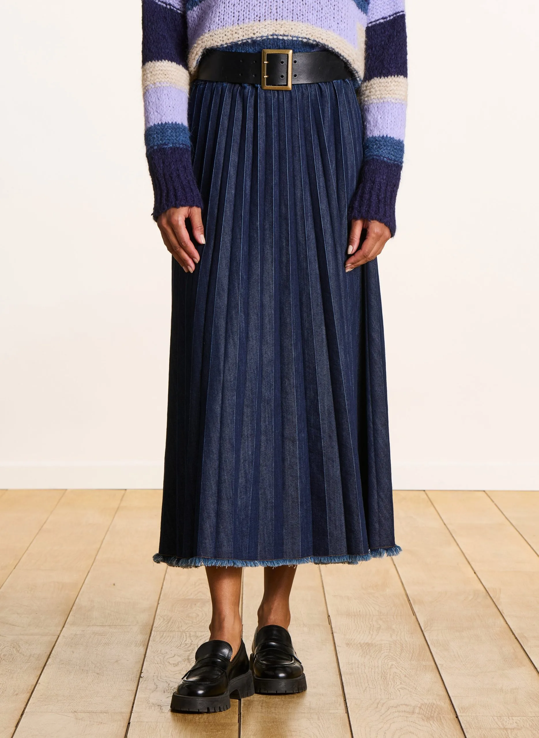 Jupe midi évasée en coton mélangé Bleu