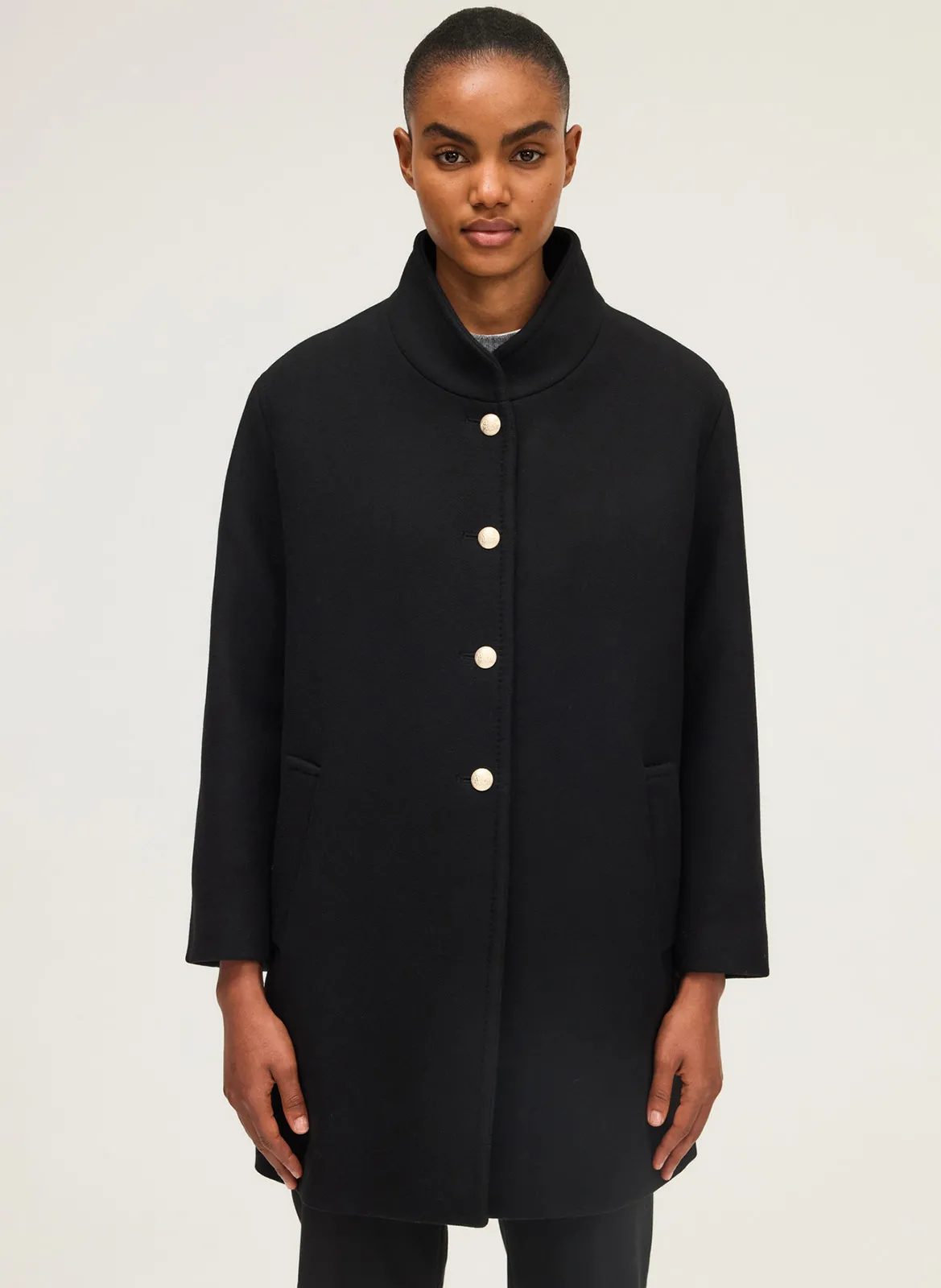Manteau droit boutonné en laine mélangée Noir MINAL