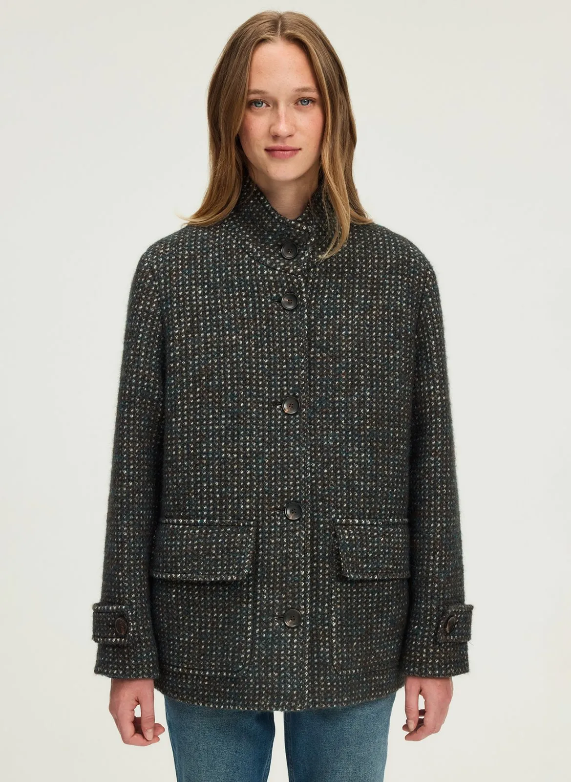 Manteau droit col montant à motifs Marron MATHIA