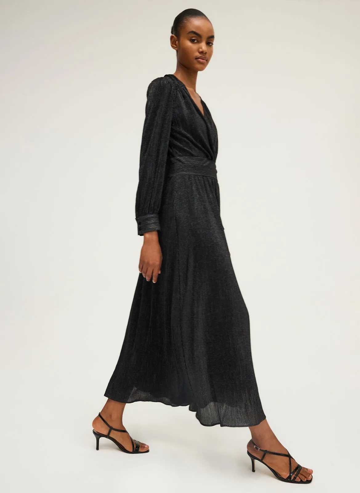 Robe longue scintillante col v Noir LAURA