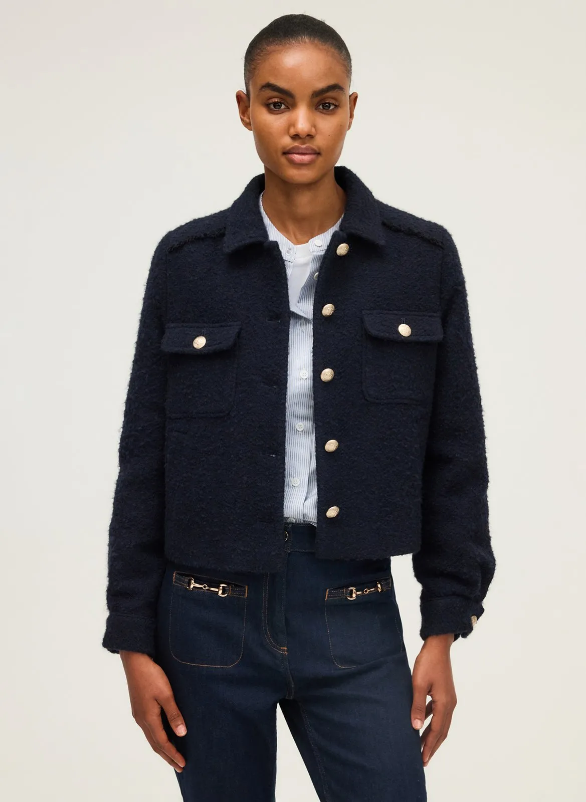 Veste col classique en laine et en coton mélangés Bleu NADIE