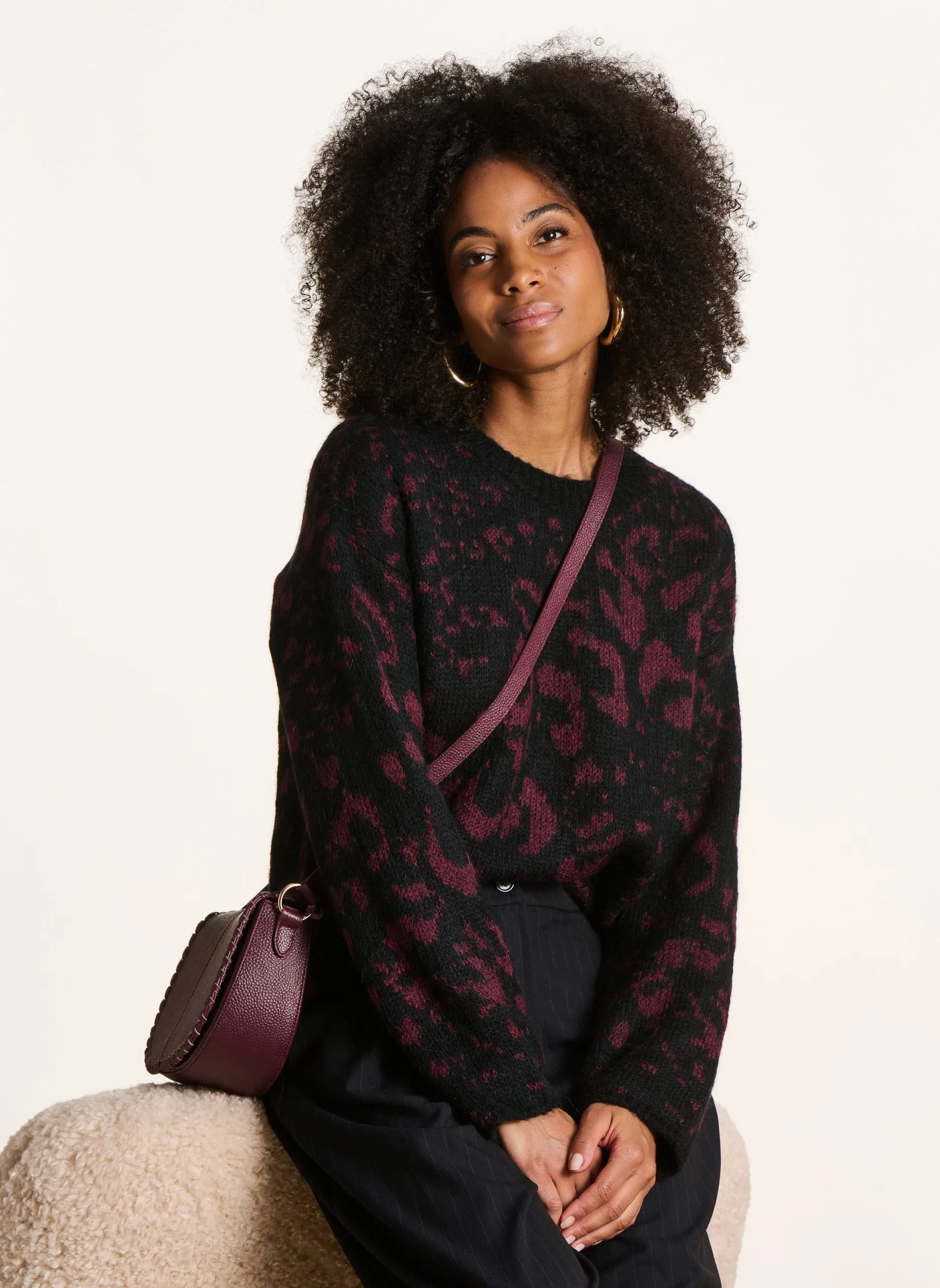 Pull ample col rond jacquard Rouge