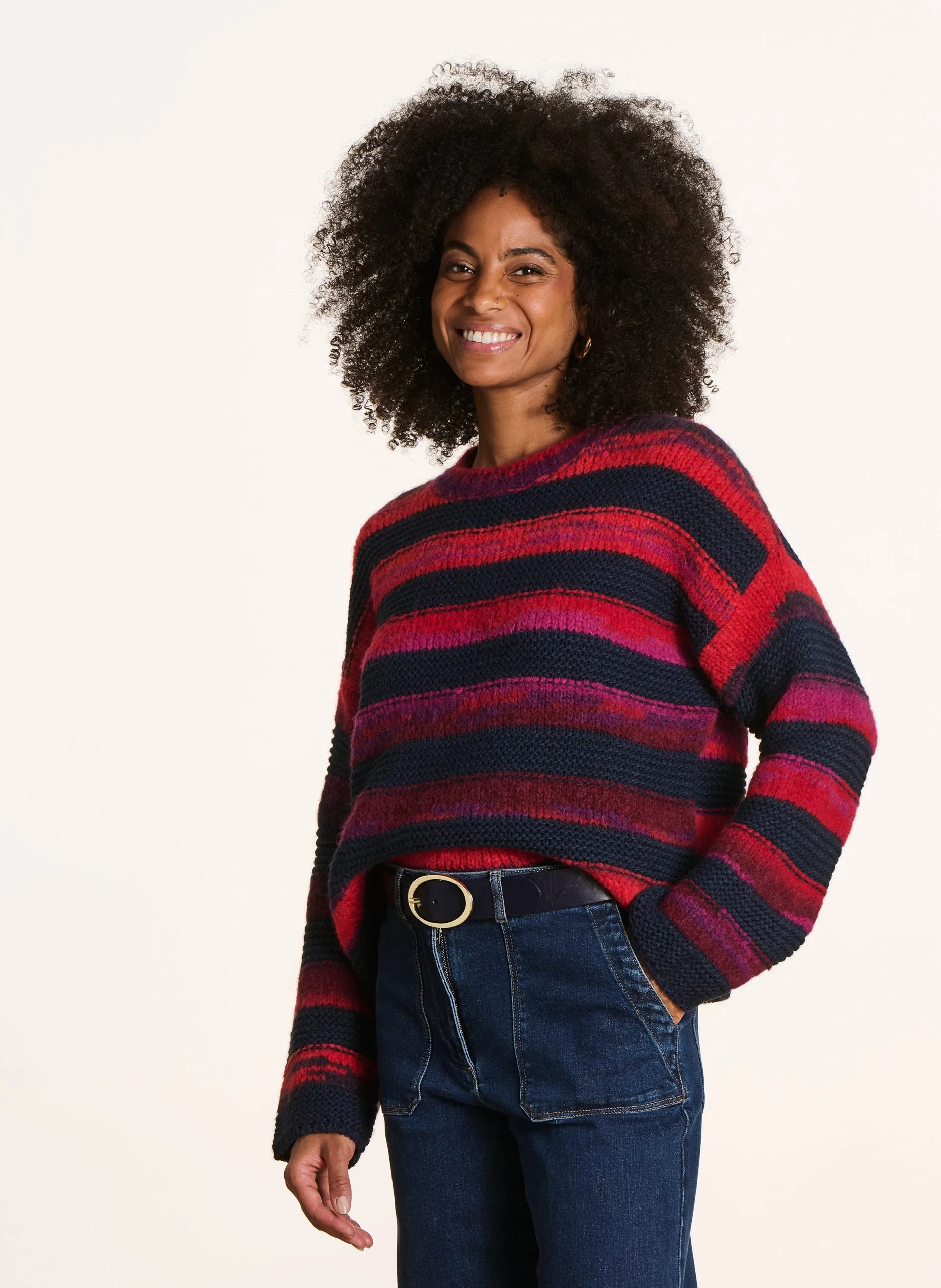 Pull ample col rond à rayures Multicolore
