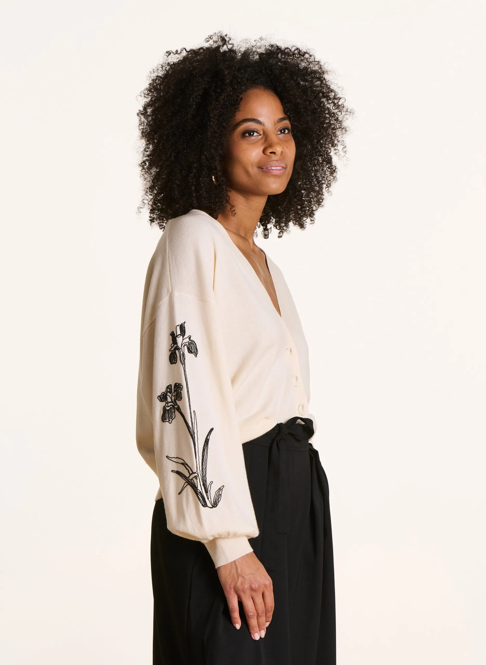 Gilet ample col V brodé en maille mélangée Noir