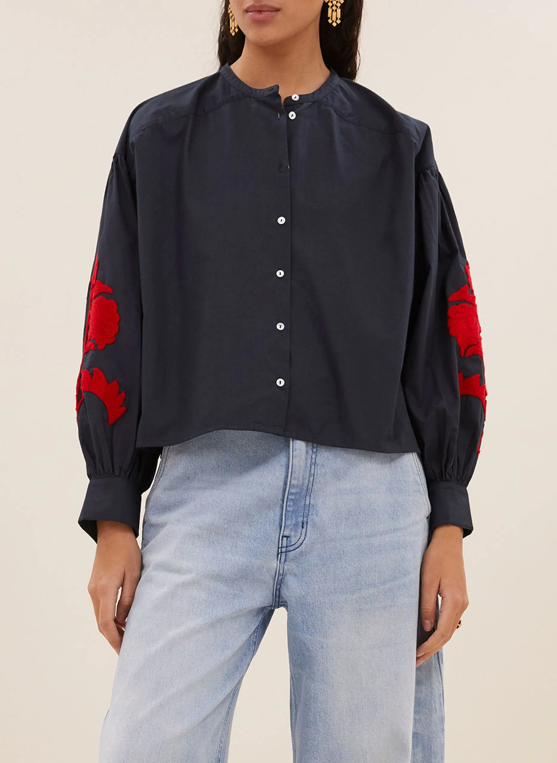 Blouse ample à manches brodées Bleu JANET