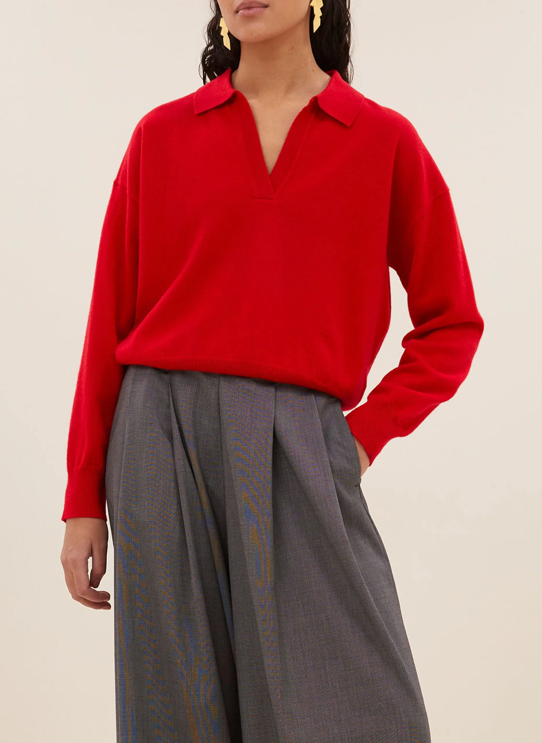 Pull col V polo uni en laine Rouge DEX