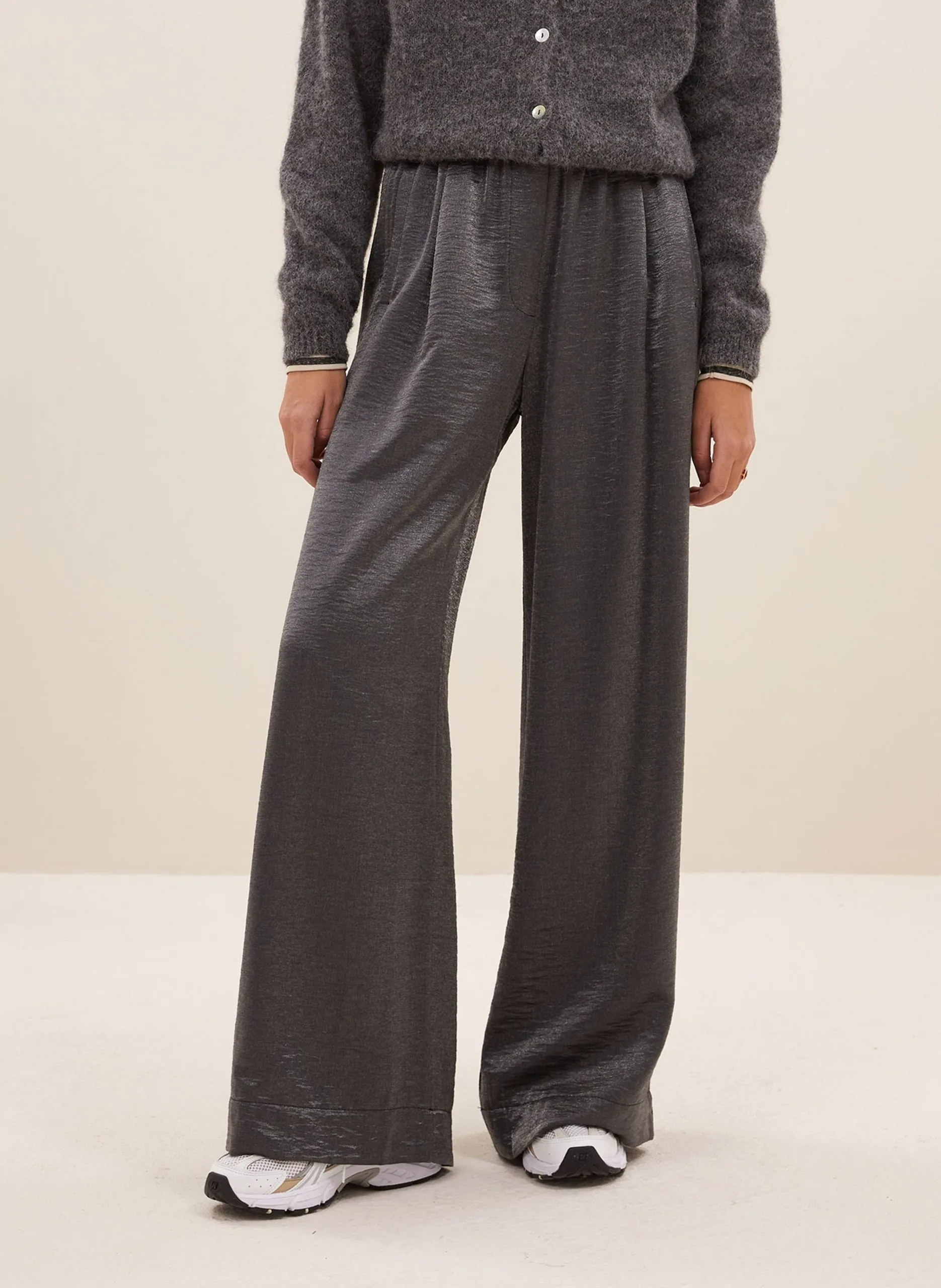 Pantalon large taille haute satiné Gris BENJI