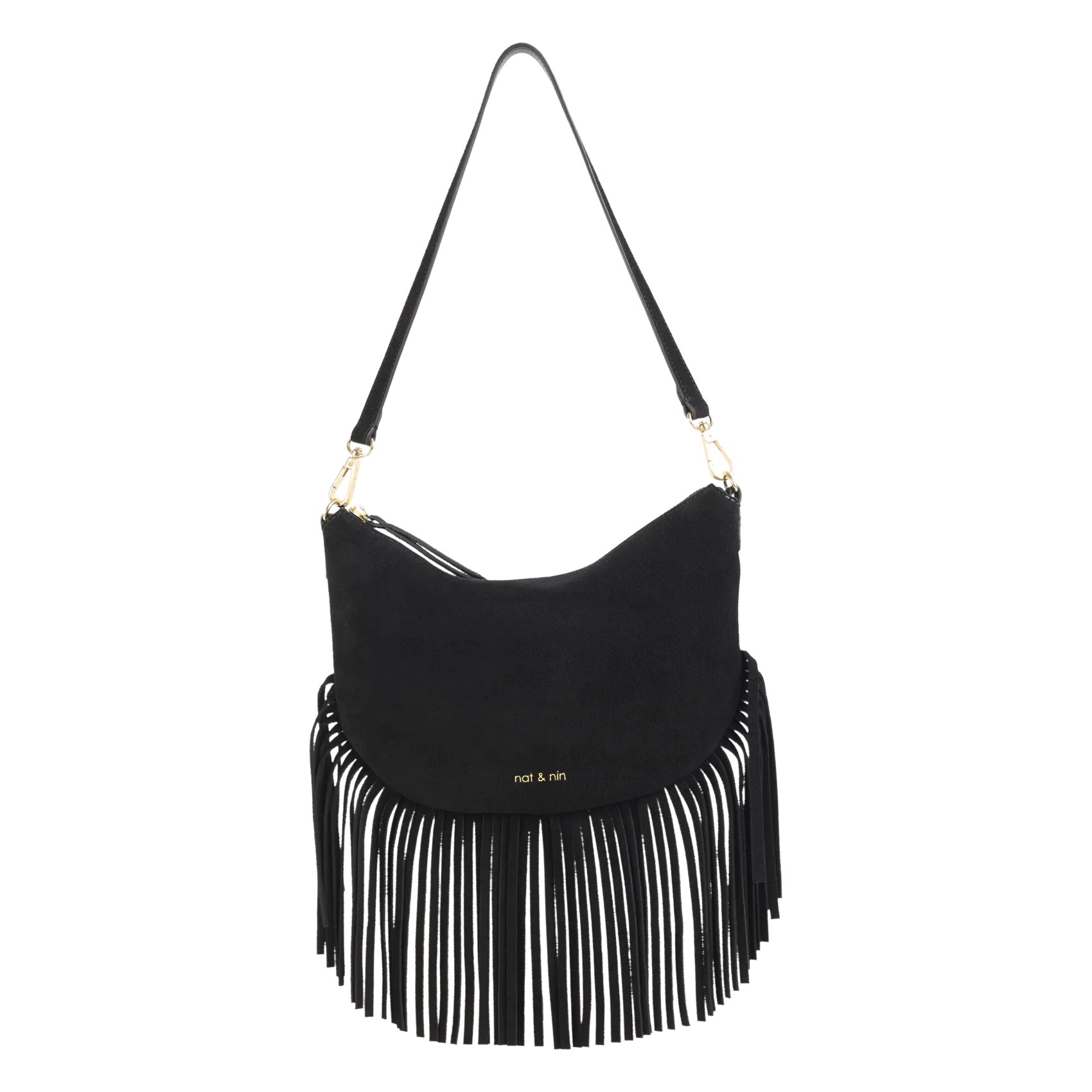Sac bandoulière à franges en cuir Noir LUNE