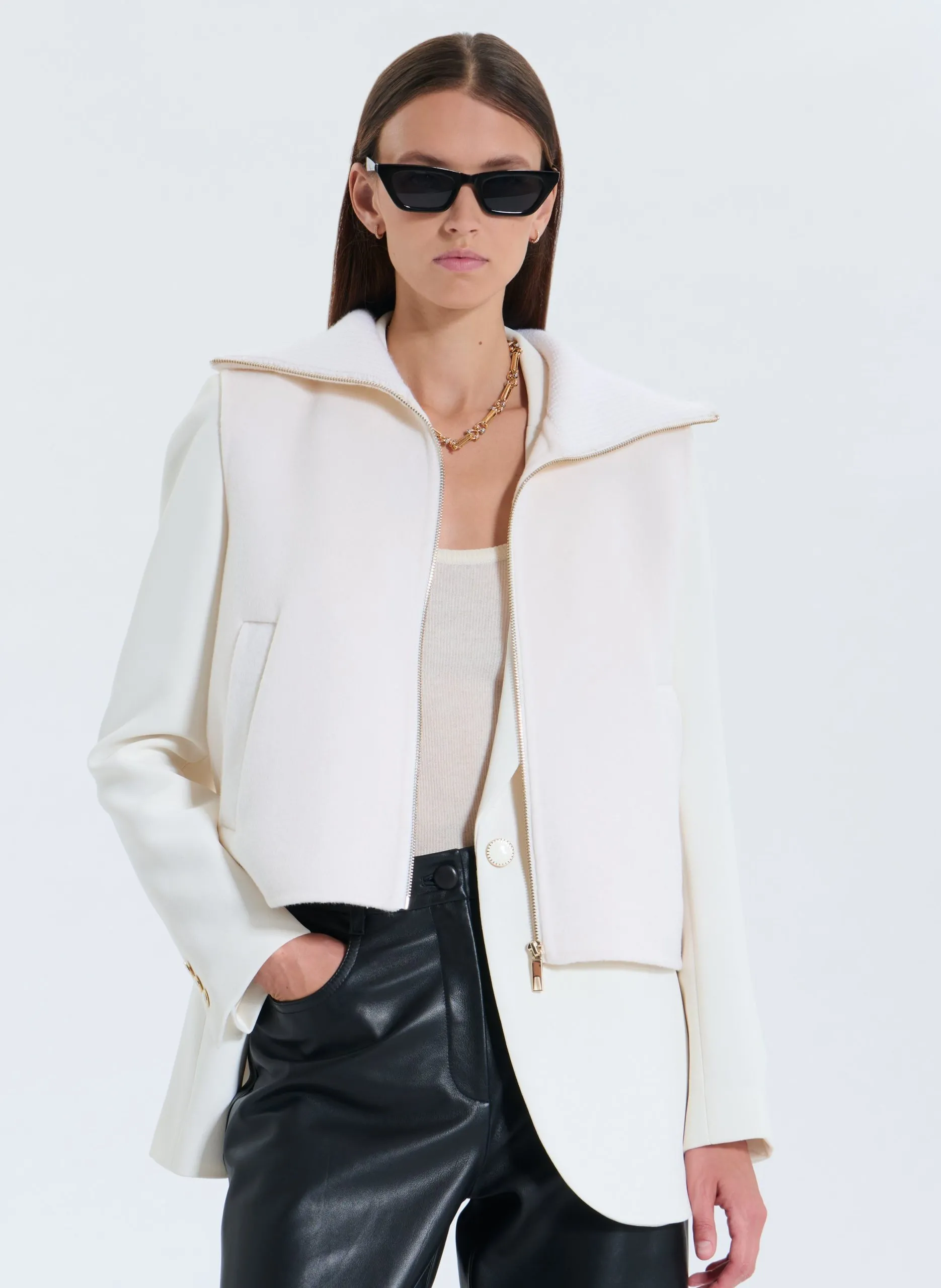 Gilet droit zippé en laine mélangée Blanc GLASSANDRE