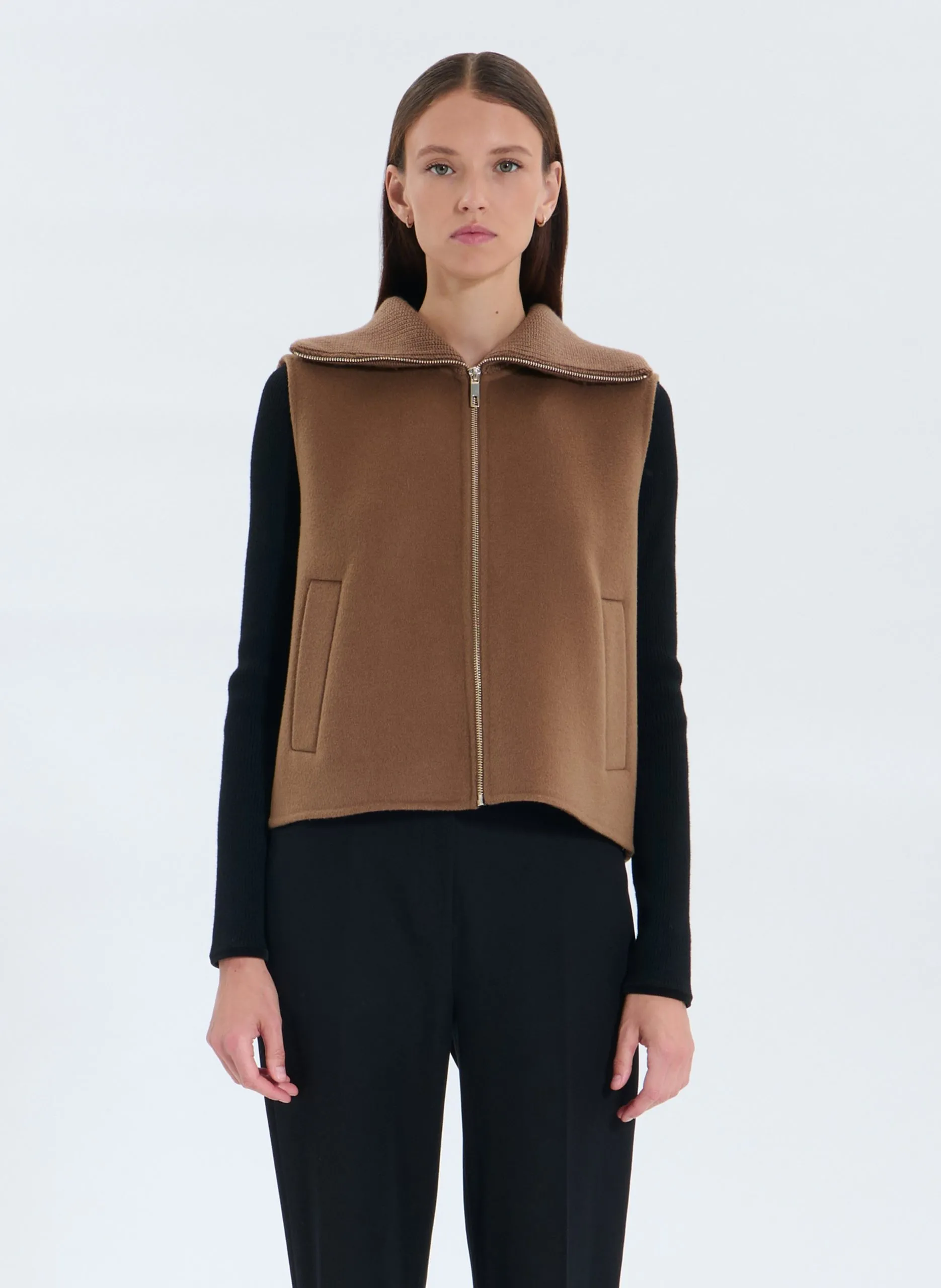 Gilet droit zippé en laine mélangée Marron GLASSANDRE