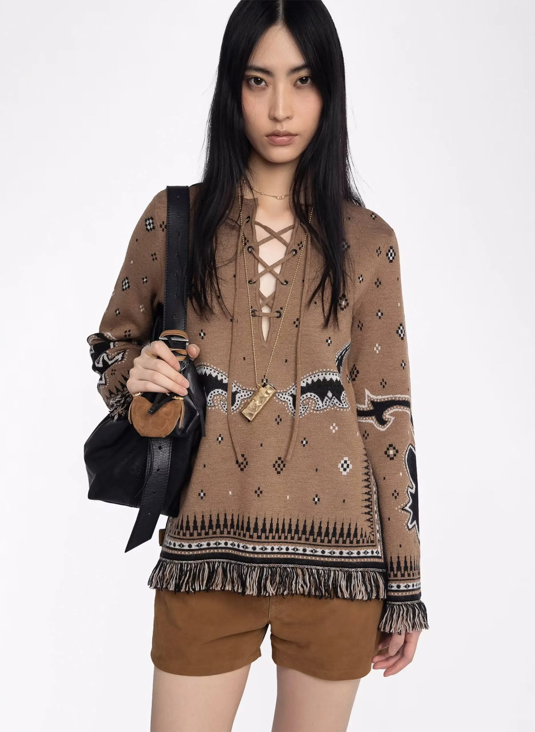 Pull droit en laine imprimée Marron LEON