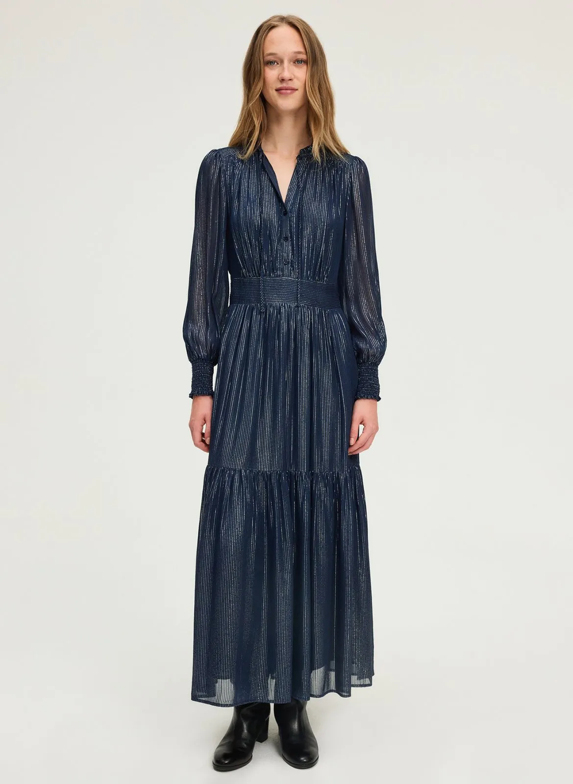 Robe longue plissée col rond Bleu LOLLIA
