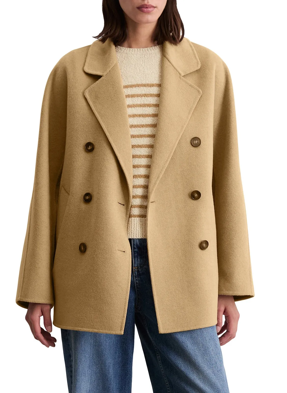 Manteau col tailleur en laine mélangée Beige