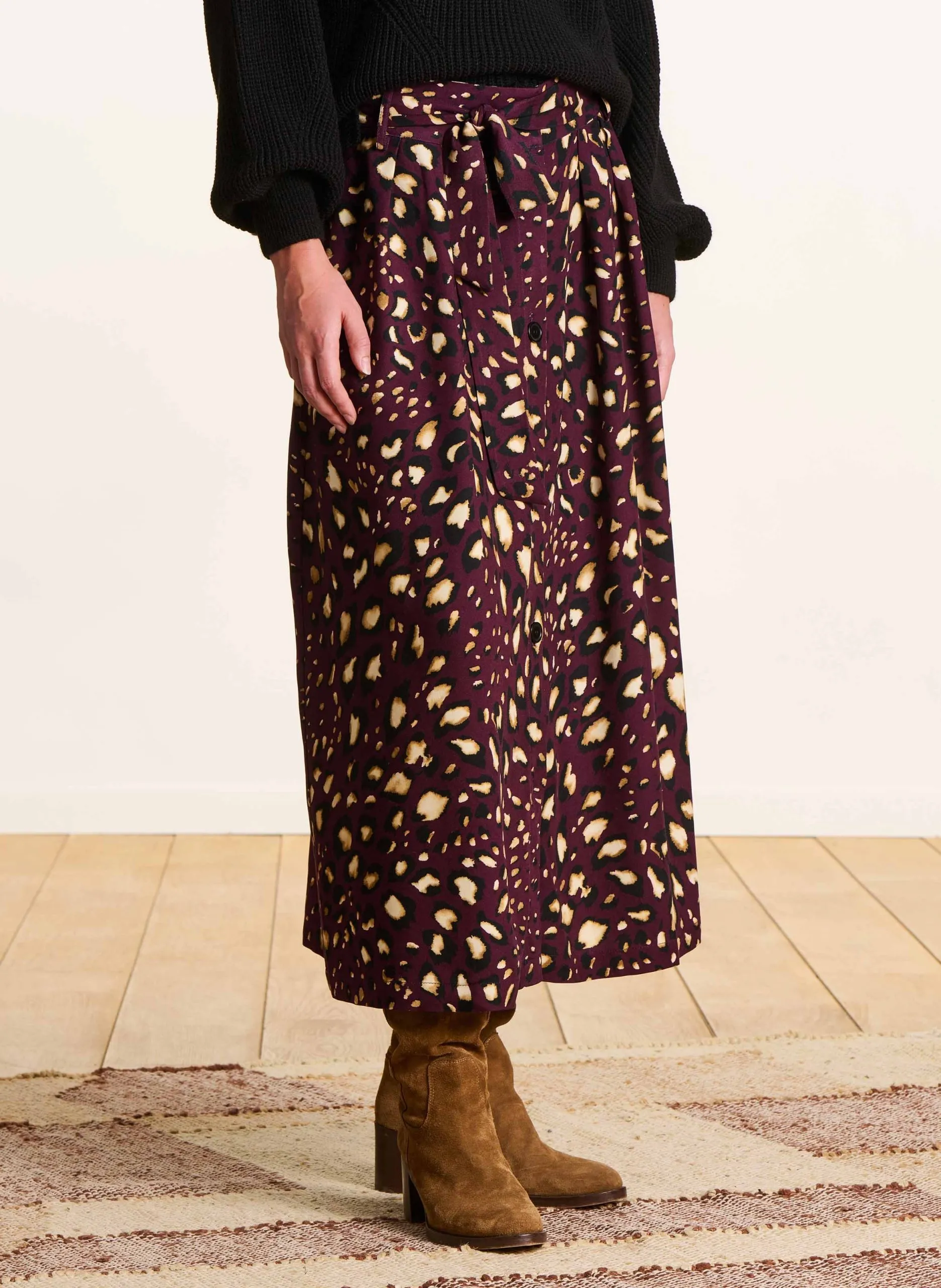 Jupe midi fluide ceinturée à motifs Rouge