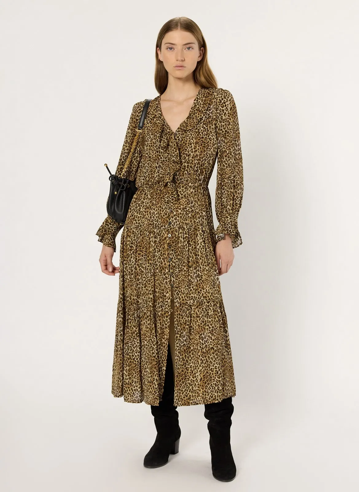 Robe midi col v léopard Marron LYZA