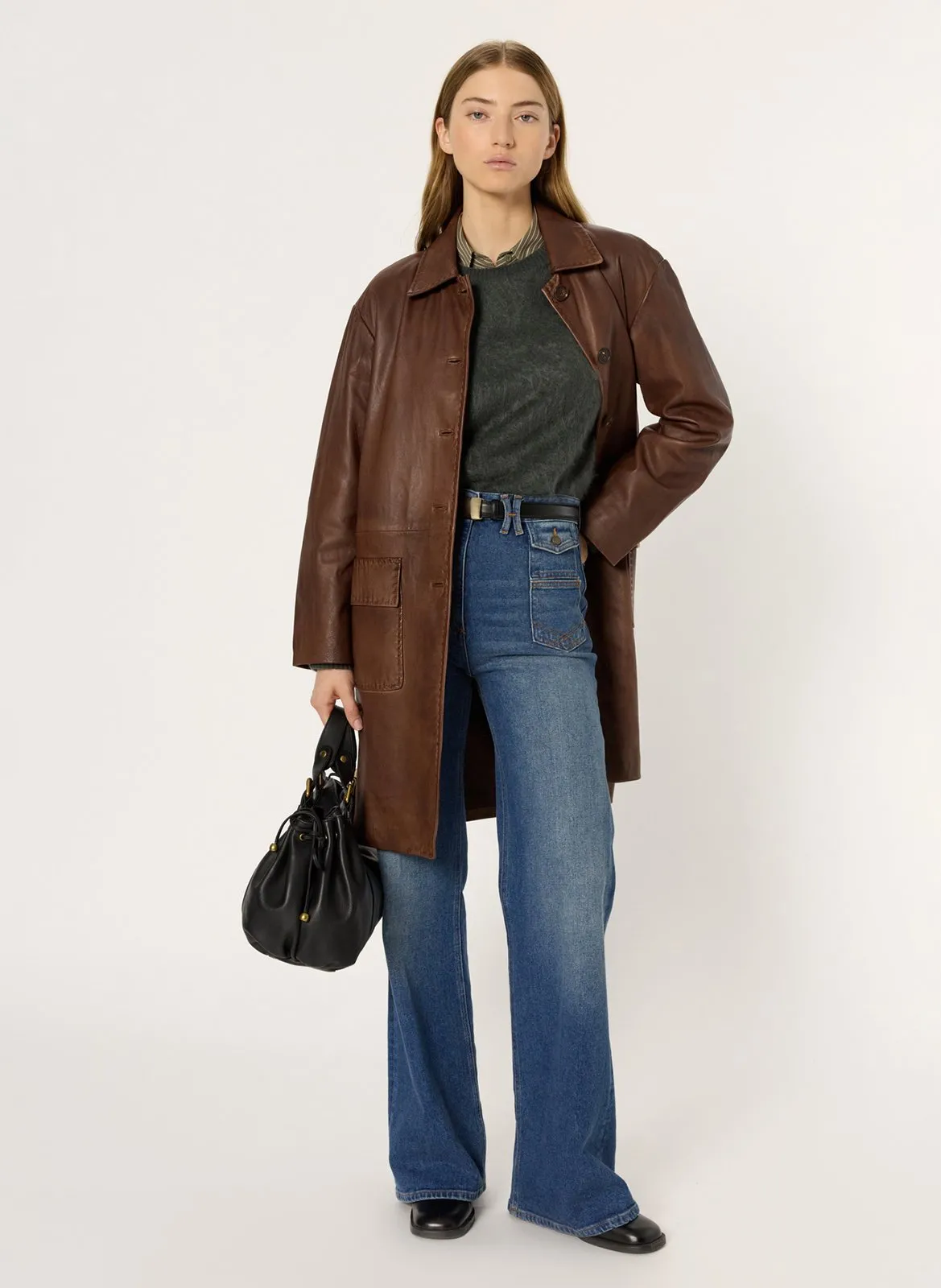 Manteau droit en cuir Marron MADYSON