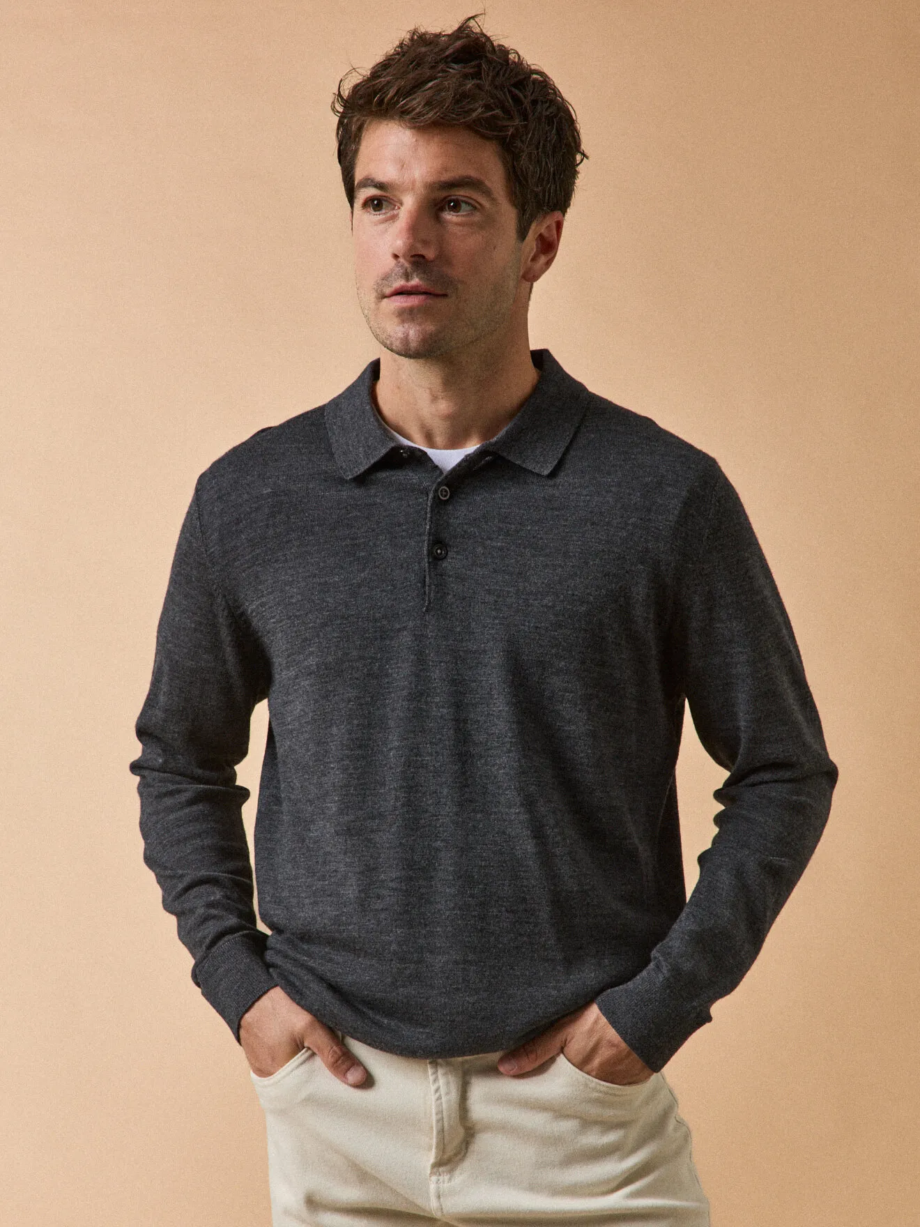 Pull fin col polo laine mérinos Gris