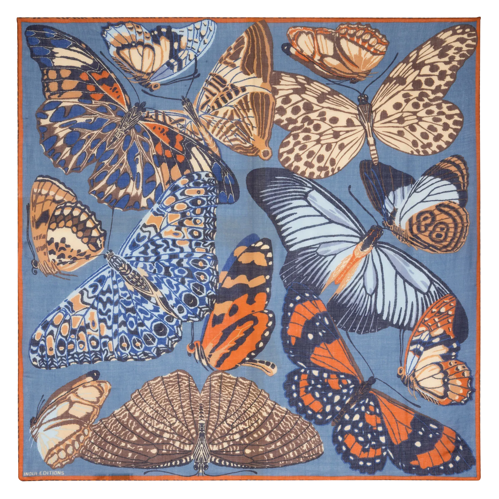 Echarpe fine carré imprimée en laine Bleu PAPILLONS