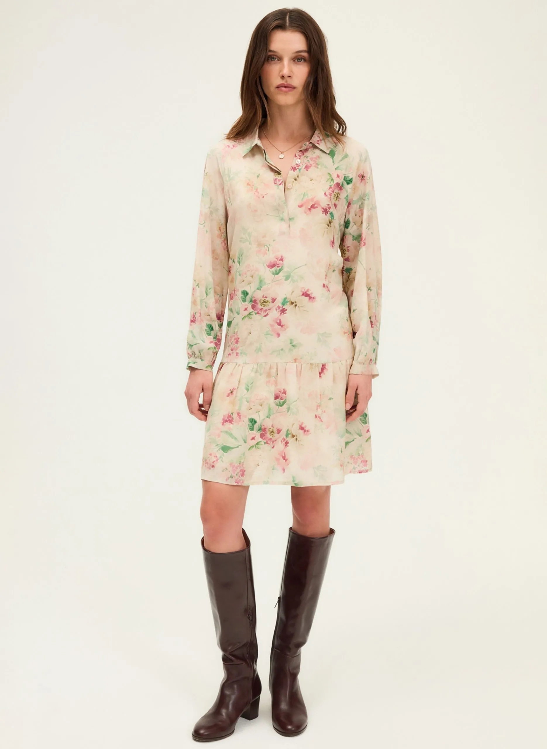 Robe courte imprimé floral col chemise Beige LYLIA