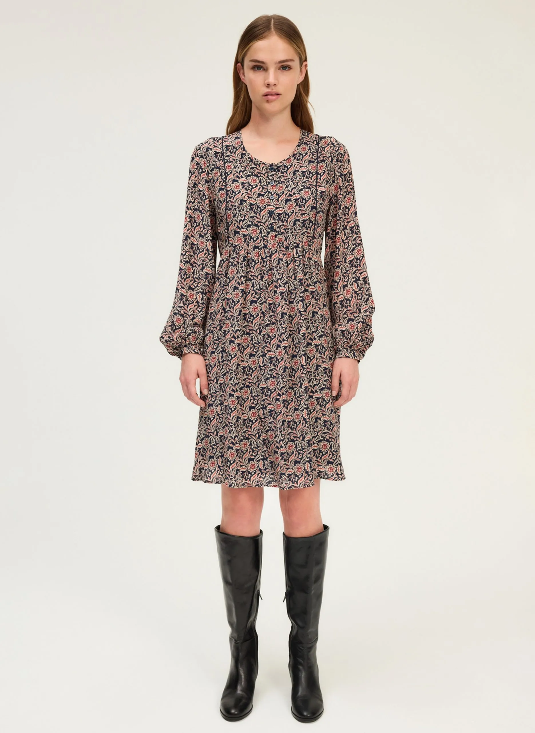 Robe courte imprimée col rond Bleu LIENNE