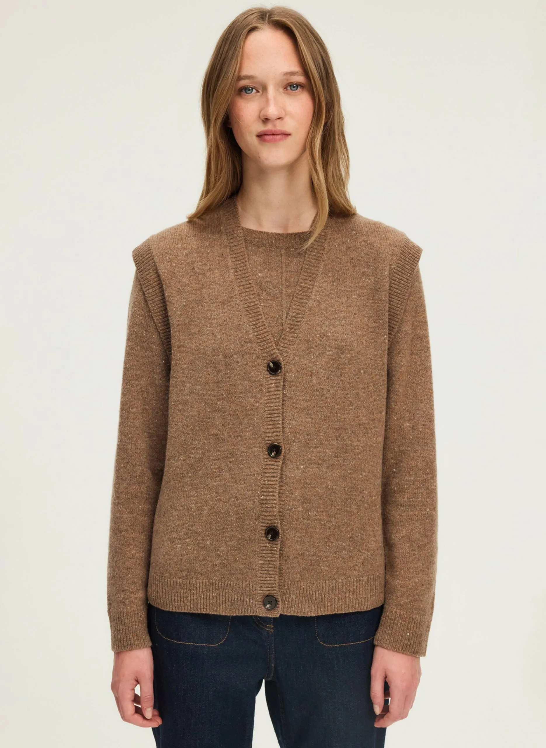 Gilet sans manches col V en laine Marron ELEONORA