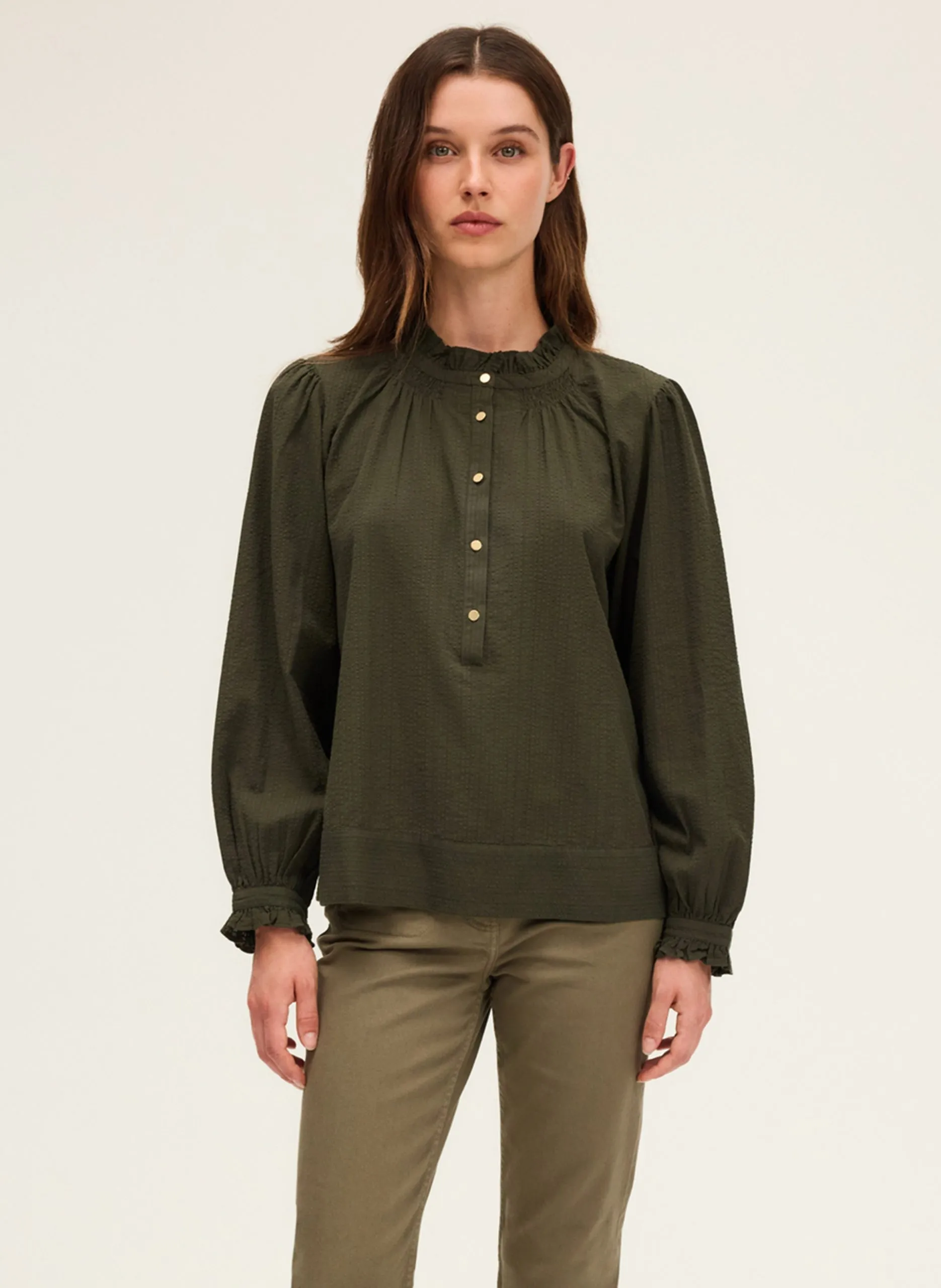 Blouse col rond en coton Kaki ANISSA