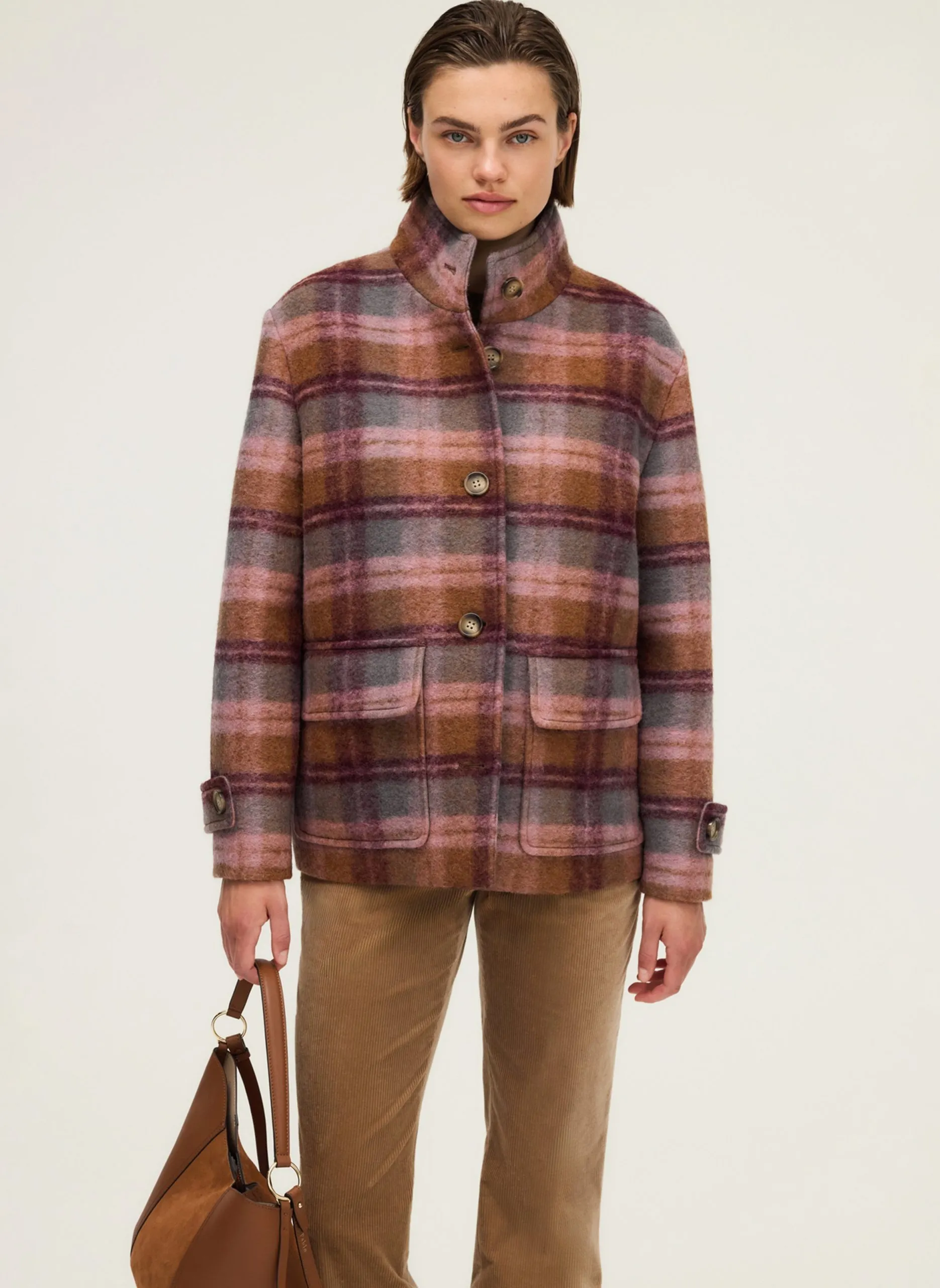 Manteau ample col montant à carreaux Rose MARLYSE